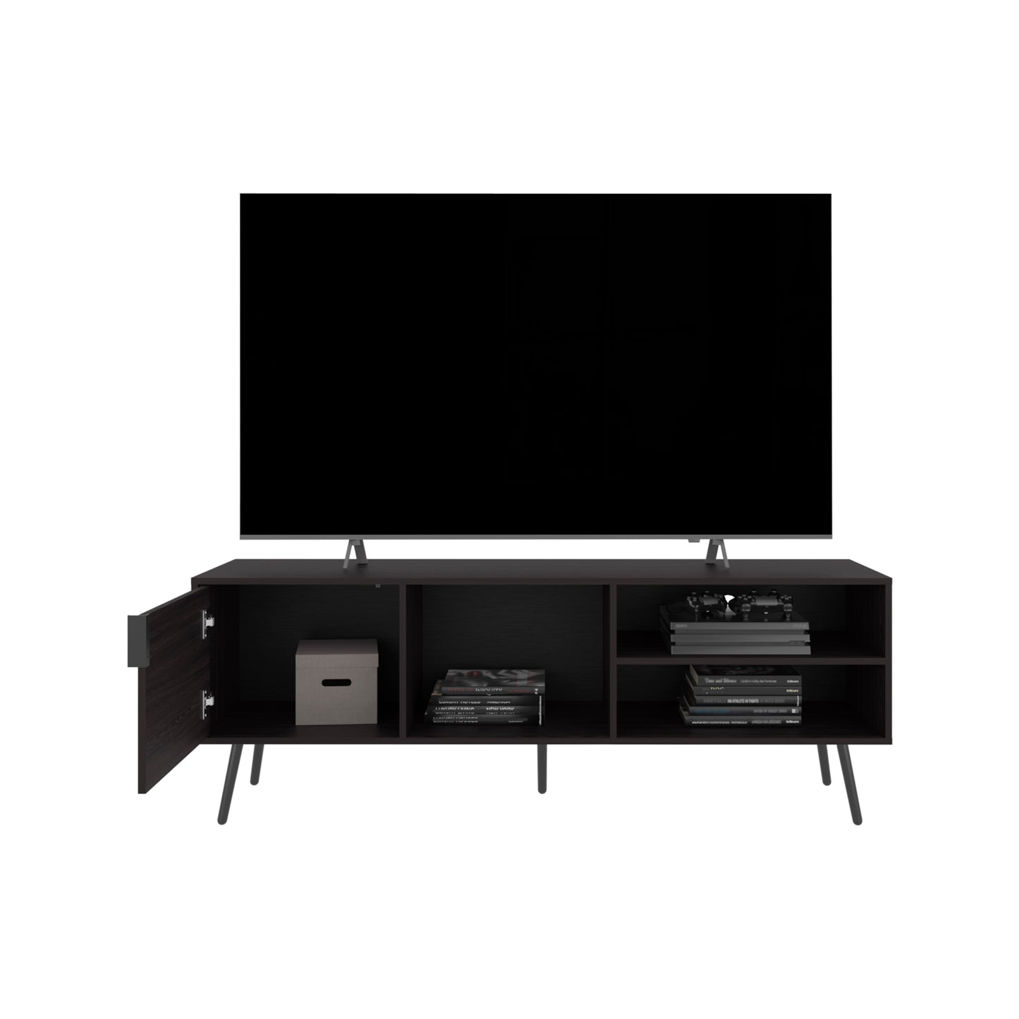 Dark wood TV stand with open shelves and a cabinet door supporting a large flatscreen television