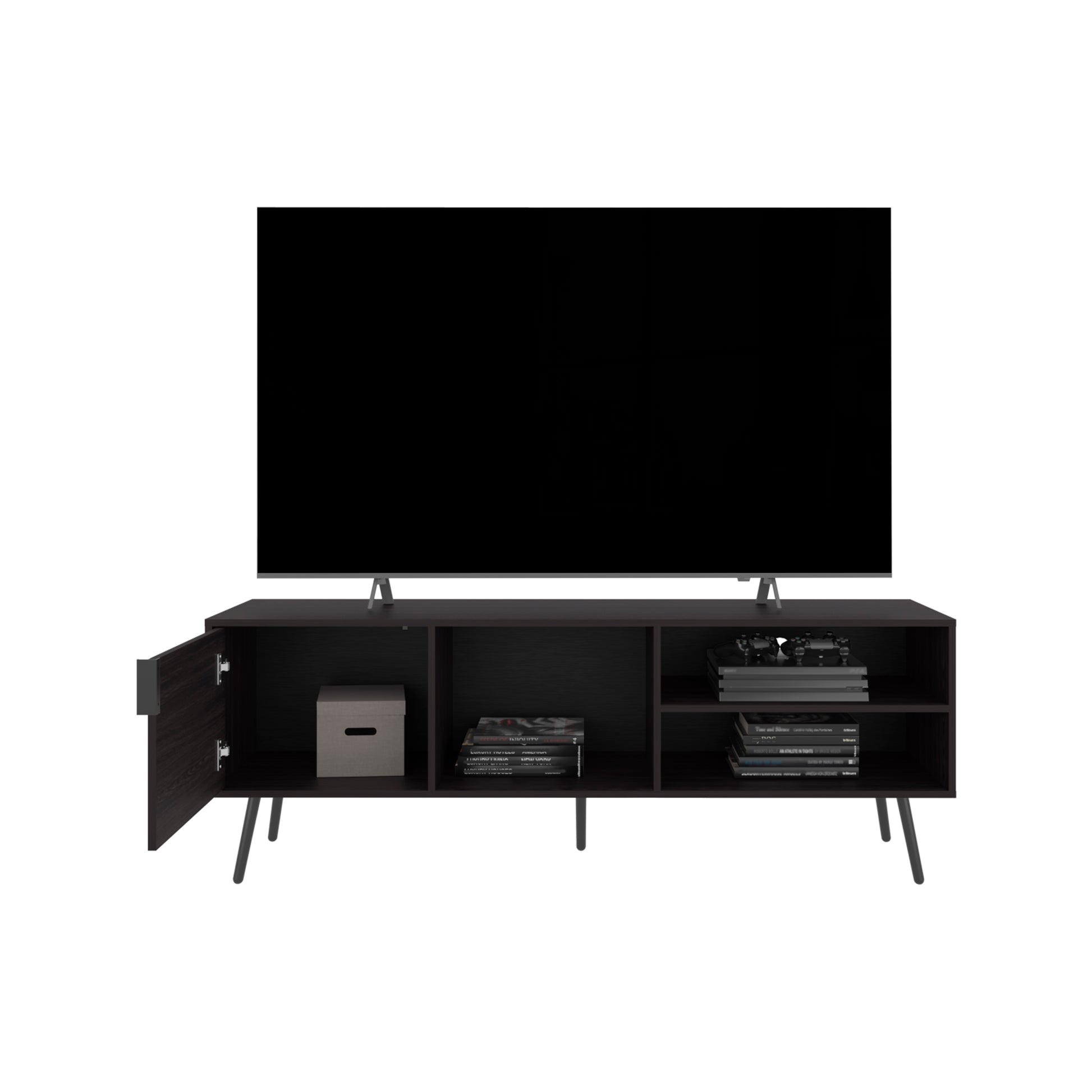 Dark wood TV stand with open shelves and a cabinet door supporting a large flatscreen television
