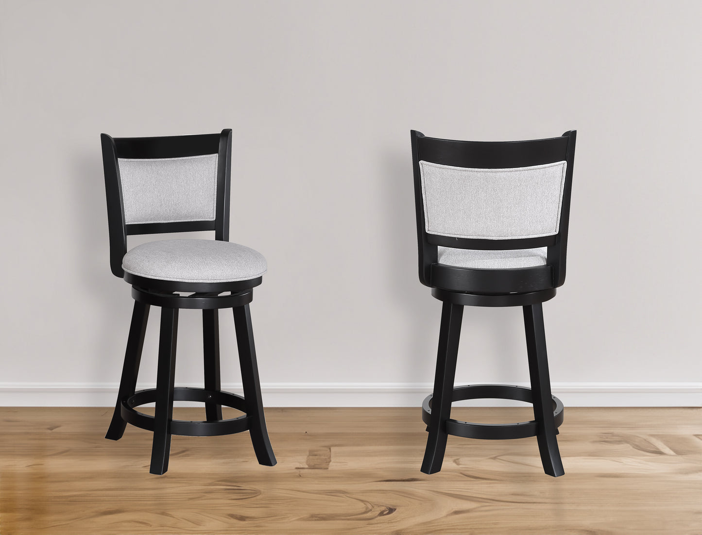 Black wooden swivel bar stool with light gray fabric seat and back