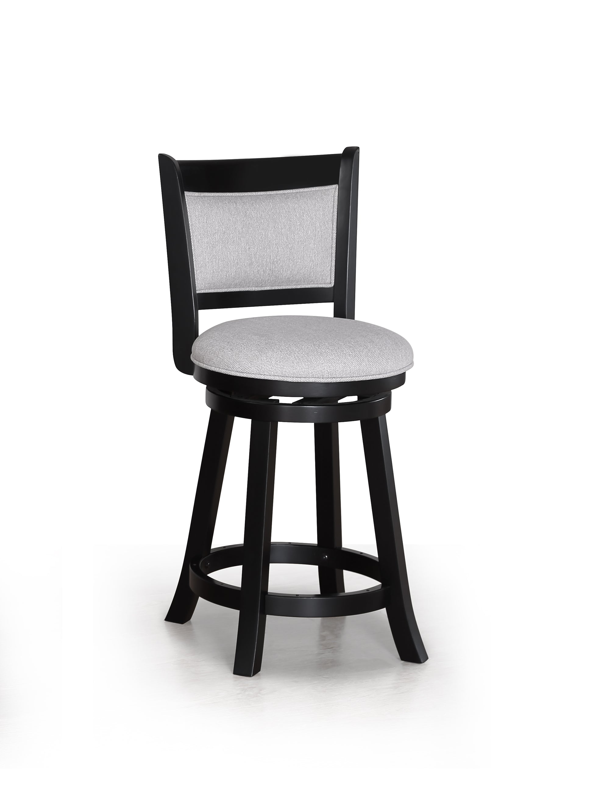 Black wood swivel bar stool with light gray upholstered seat and back