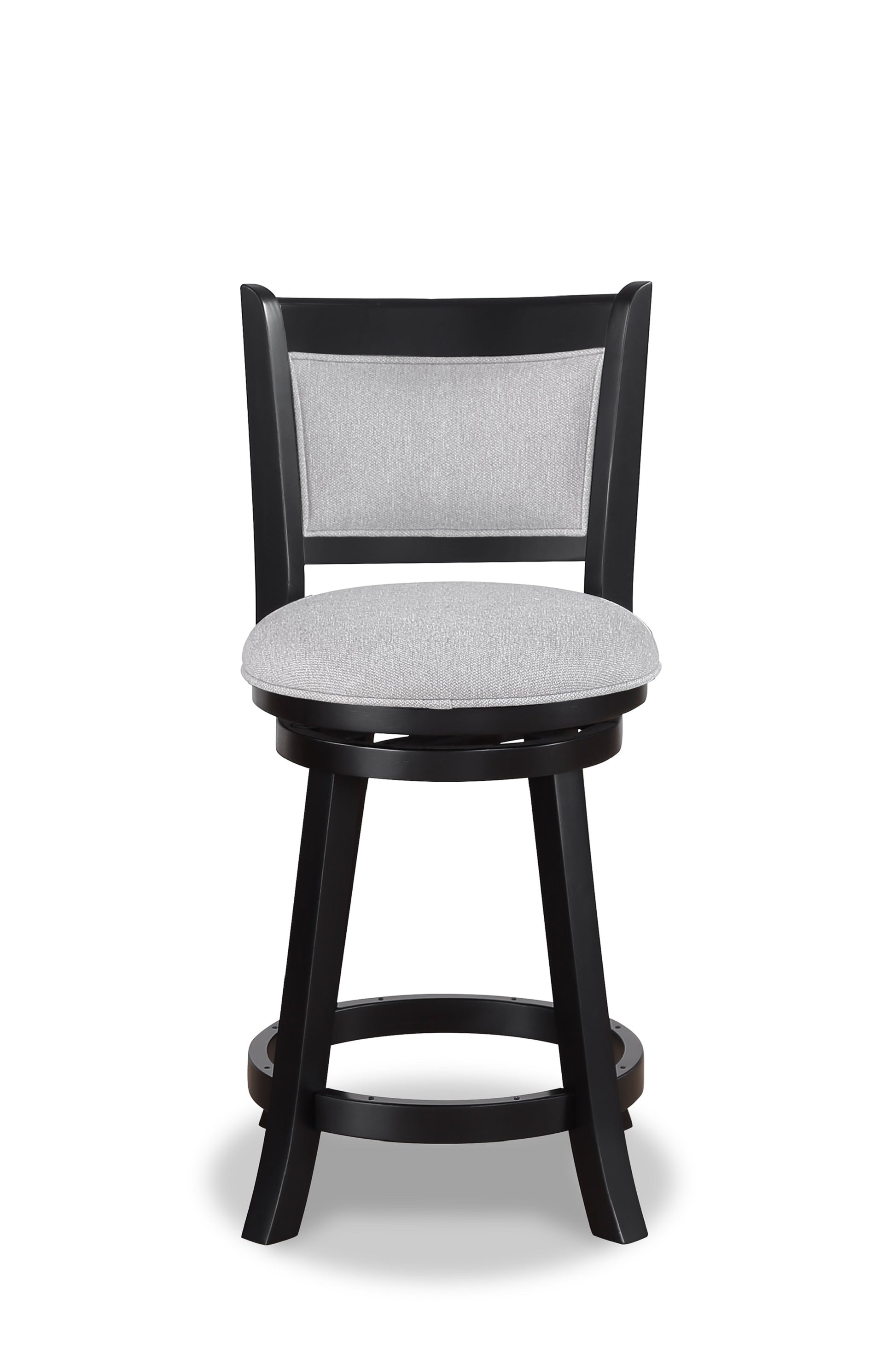 Black wooden swivel bar stool with light gray upholstered seat and back