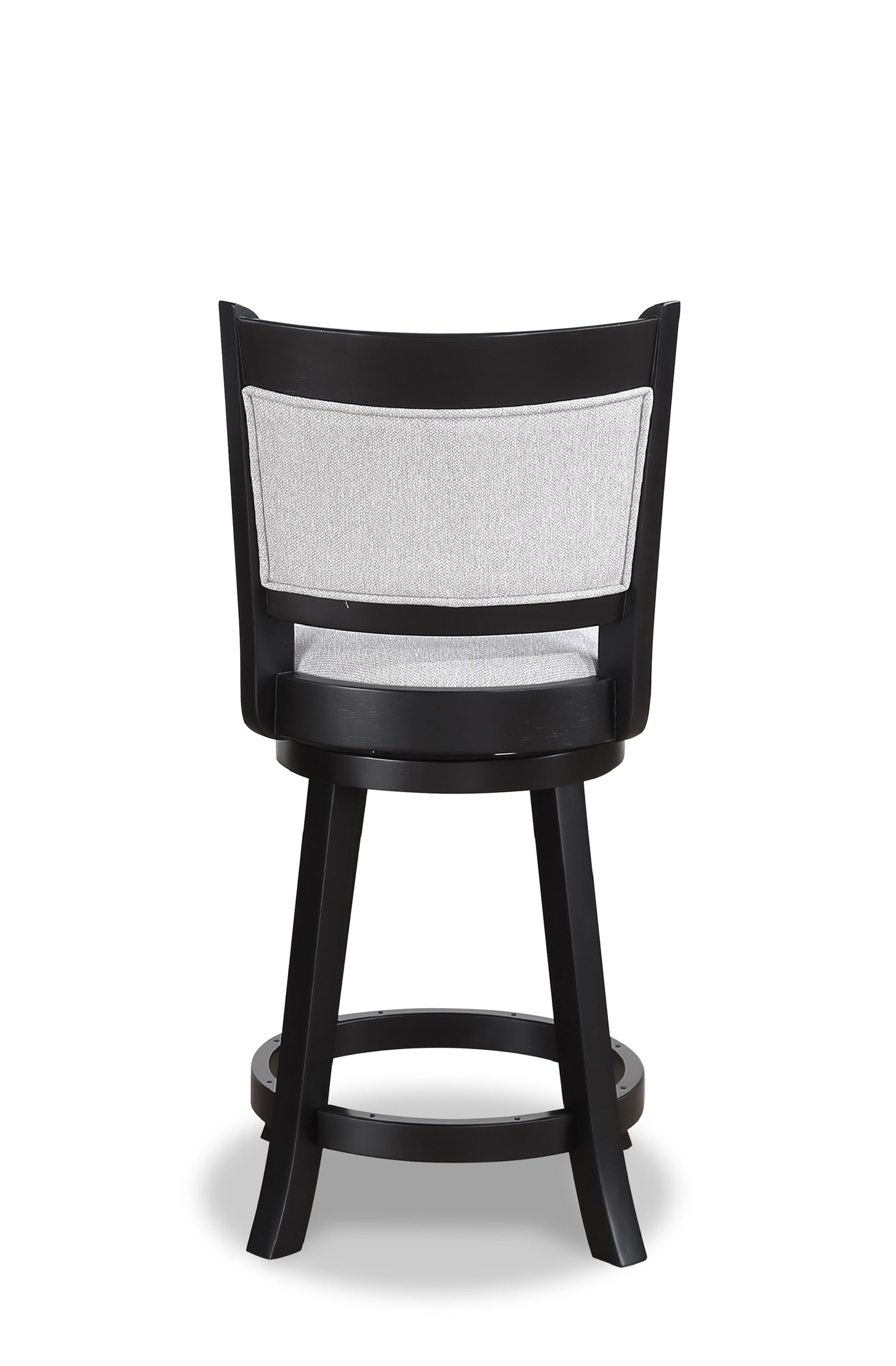 Back view of a black wooden swivel bar stool with a light grey textured fabric backrest