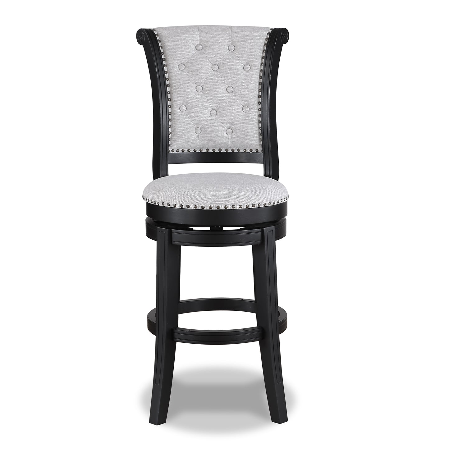 Tufted back grey fabric swivel bar stool with nailhead trim and dark wood frame