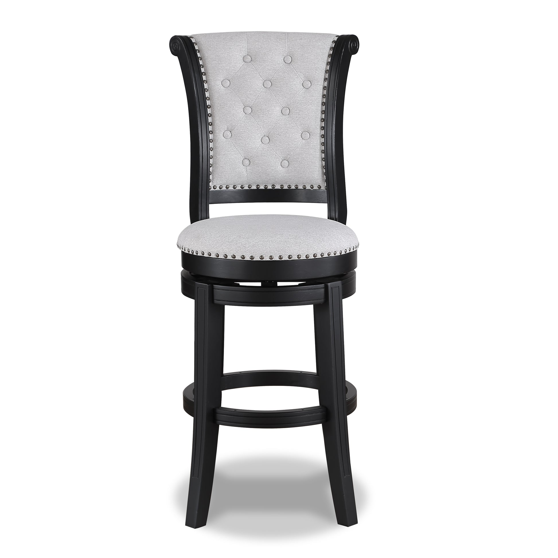 Tufted back grey fabric swivel bar stool with nailhead trim and dark wood frame