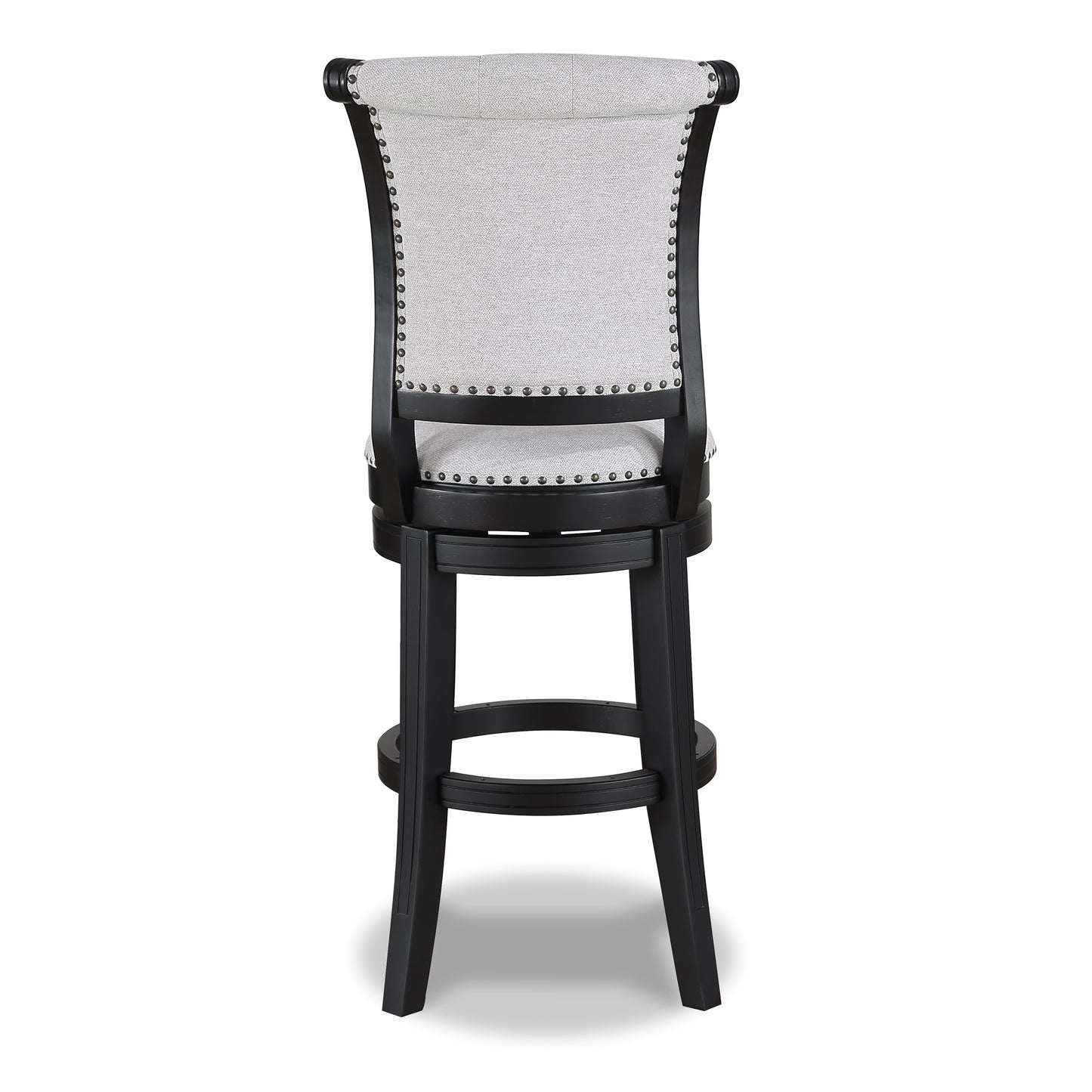 Swivel bar stool with a gray upholstered seat and back accented with silver nailhead trim