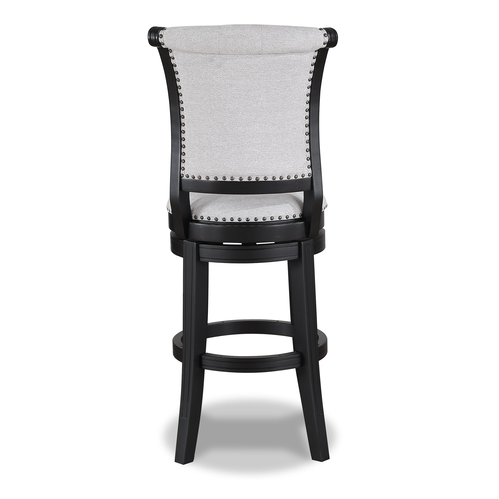 Swivel bar stool with a gray upholstered seat and back accented with silver nailhead trim