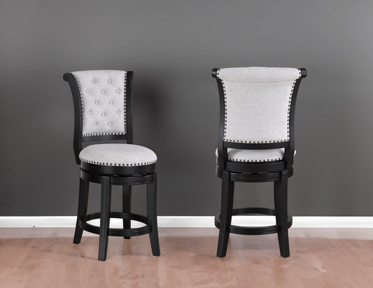 Elegant grey upholstered bar stool with nailhead trim and dark wood frame