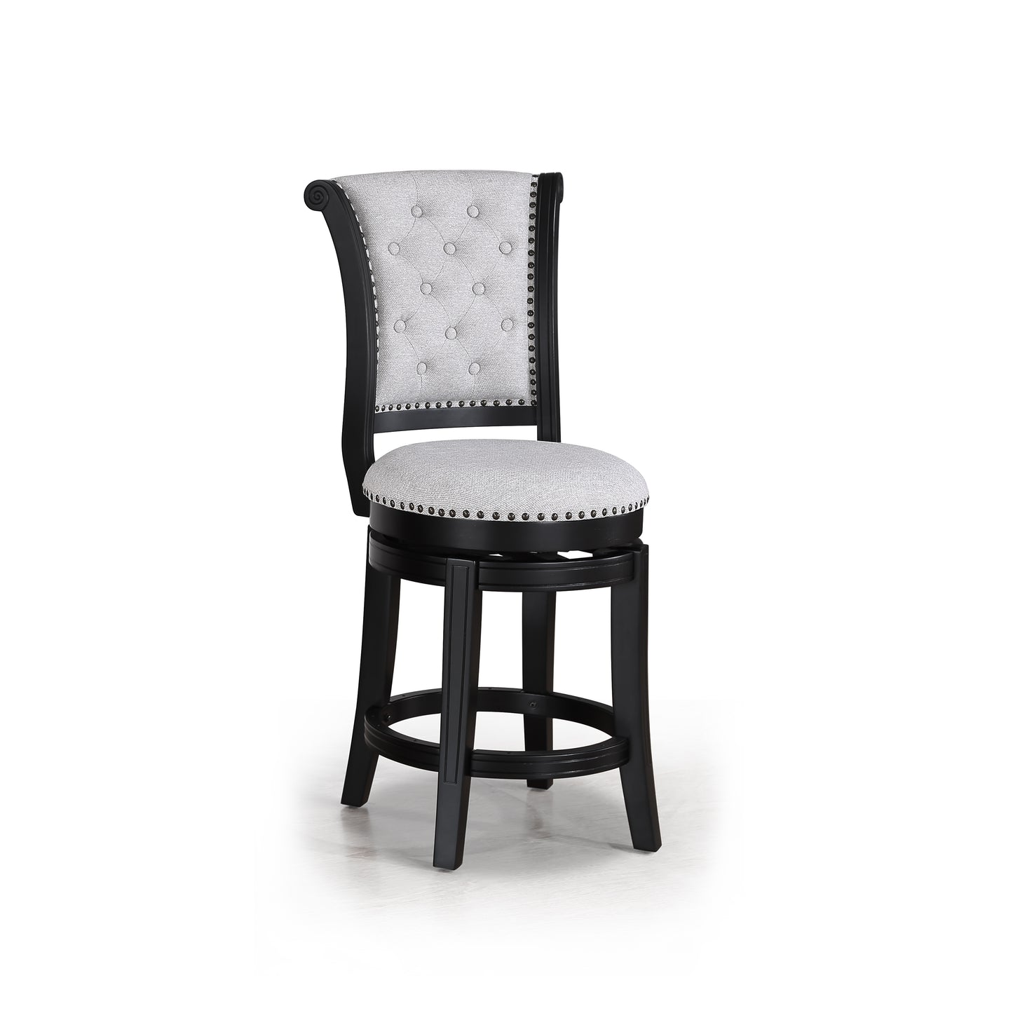 Tufted grey fabric swivel bar stool with dark wood frame and nailhead trim