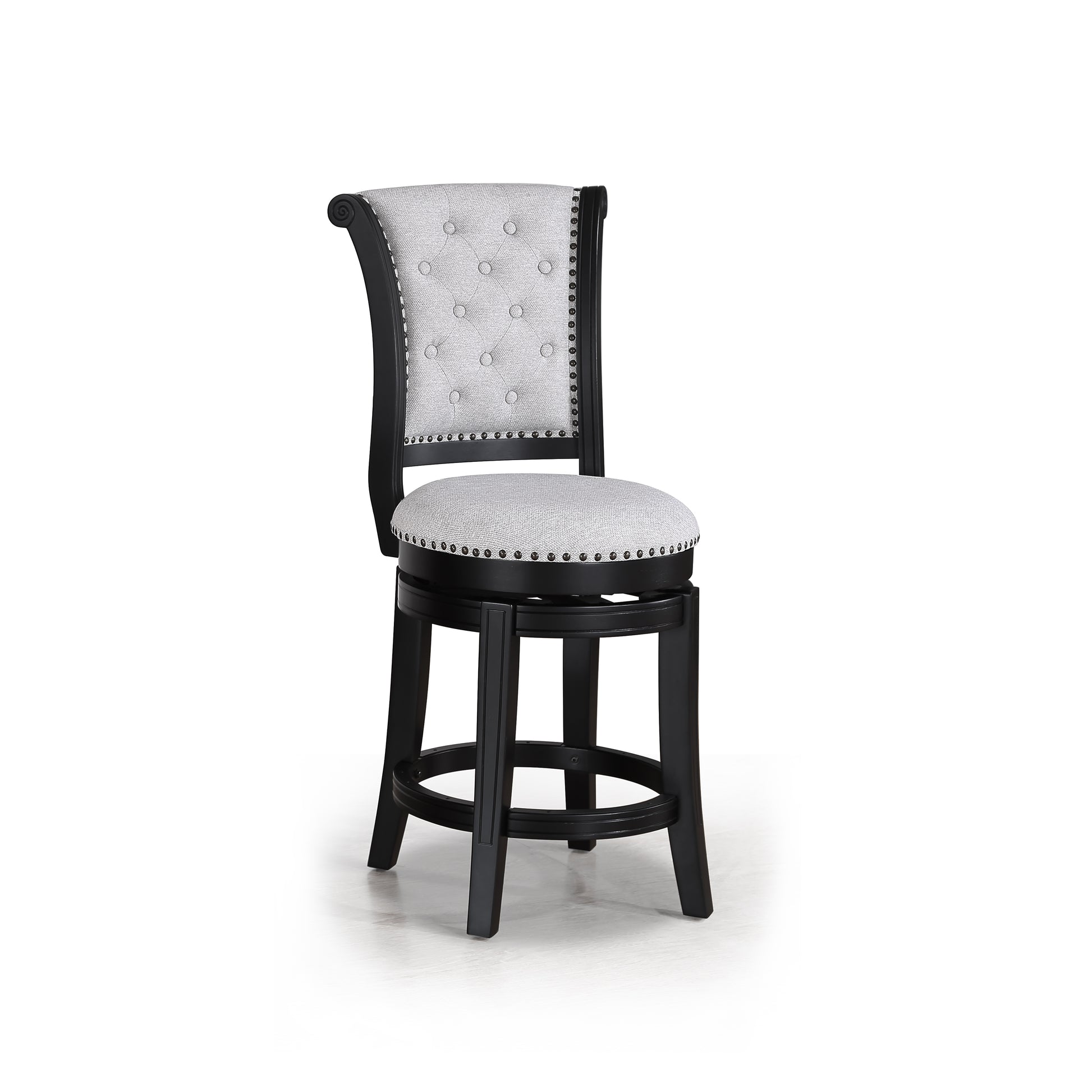 Tufted grey fabric swivel bar stool with dark wood frame and nailhead trim