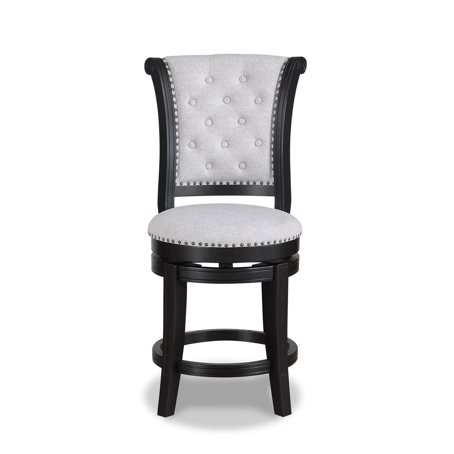 Tufted gray fabric swivel bar stool with silver nailhead trim and dark wood base
