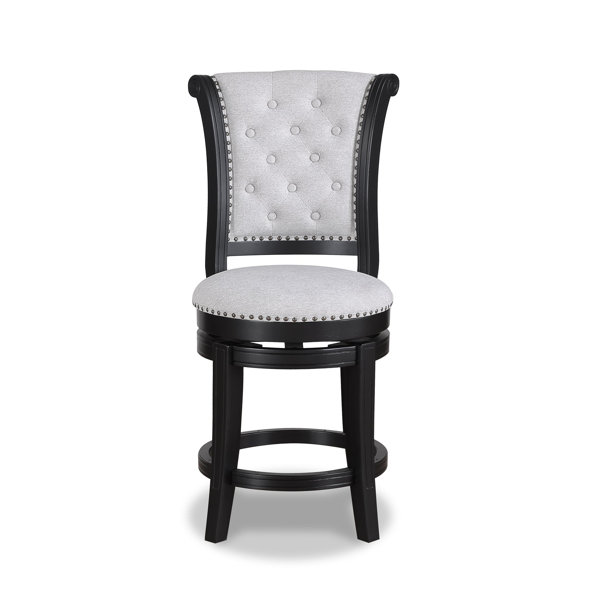 Tufted gray fabric swivel bar stool with silver nailhead trim and dark wood base