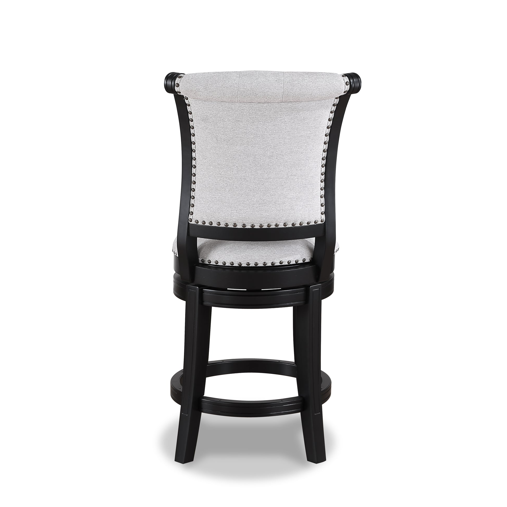 Back view of a black and light grey upholstered swivel bar stool with nailhead trim