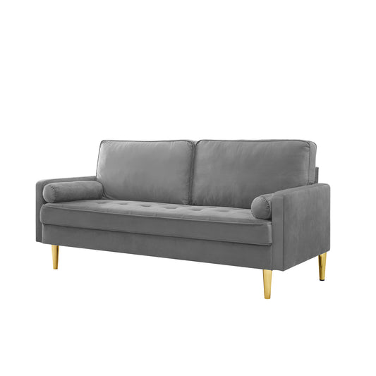 Grey velvet sofa with tufted seat and gold legs for modern living room