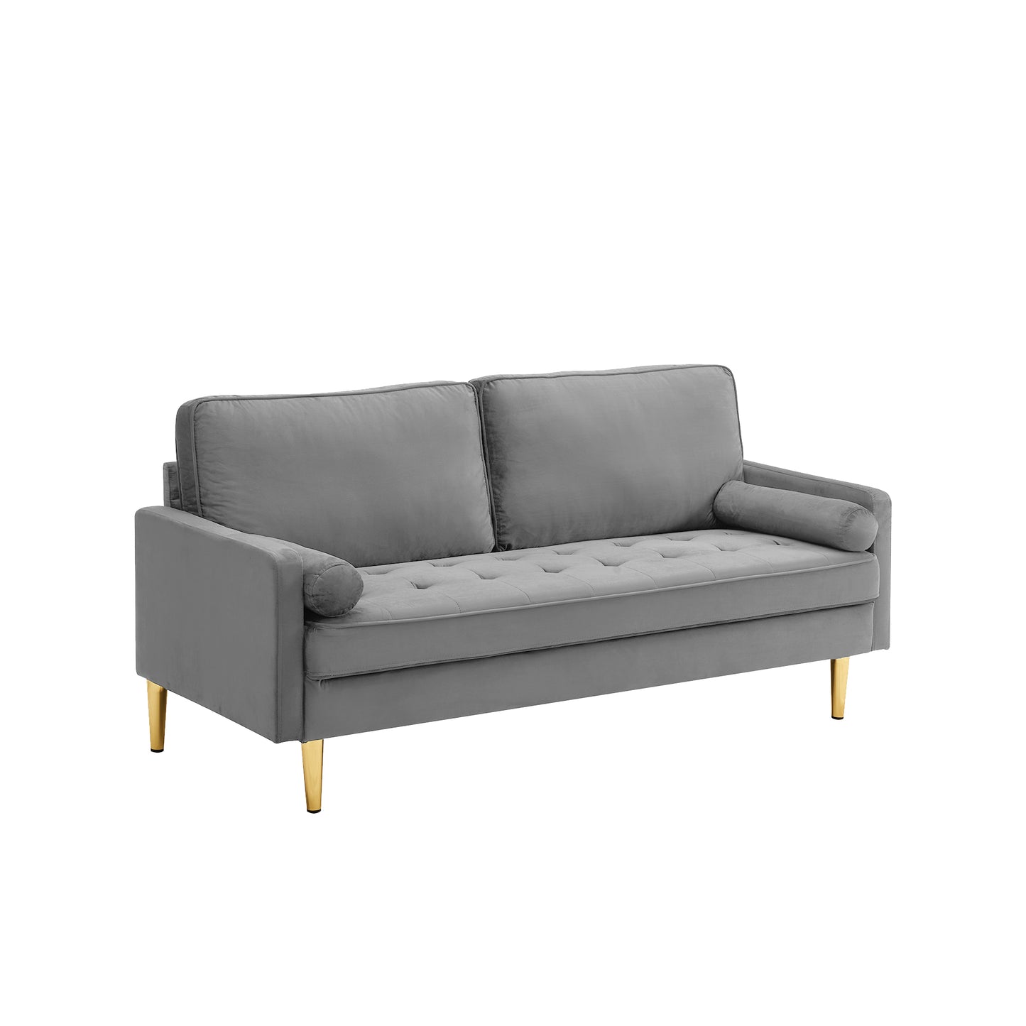 Grey velvet sofa with tufted seat gold legs and bolster pillows modern living room furniture