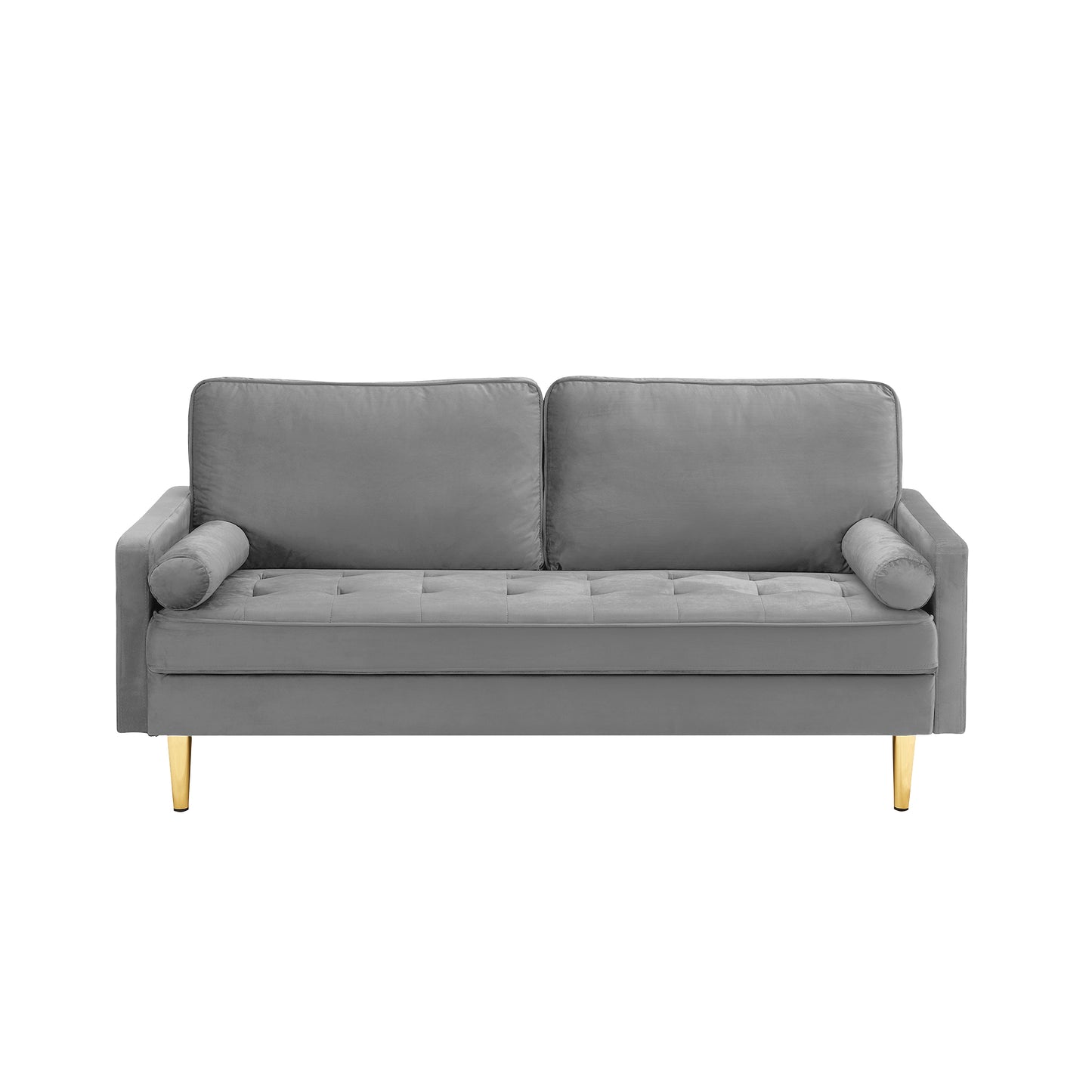 Grey velvet loveseat with button tufting and gold legs