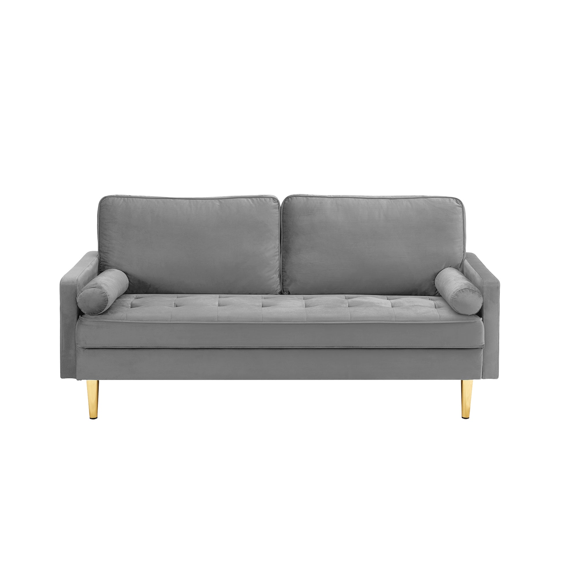 Grey velvet loveseat with button tufting and gold legs
