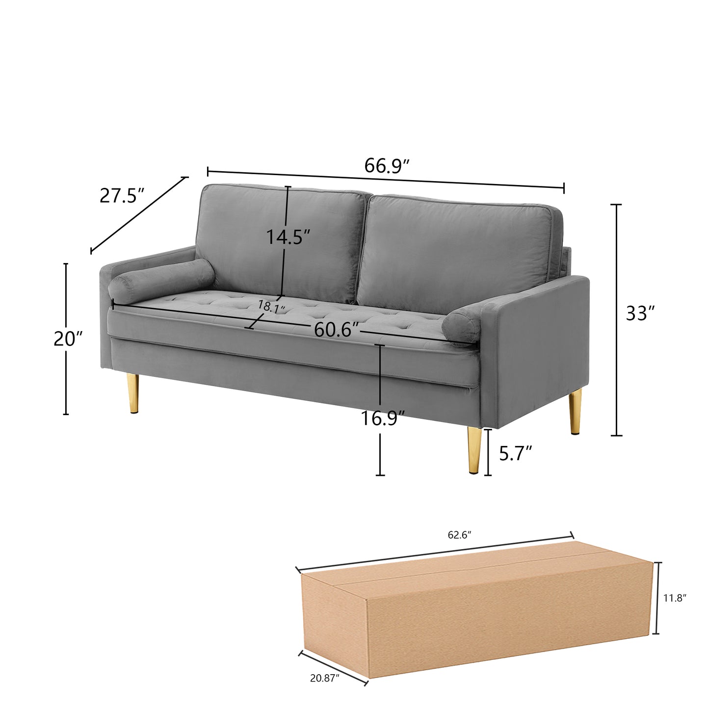 Gray velvet sofa with tufted cushions and golden legs dimensions shown