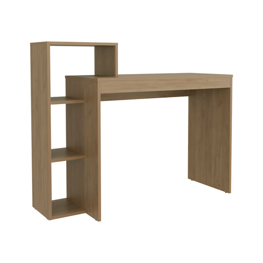 Modern taupe computer desk with open shelving unit on the left side