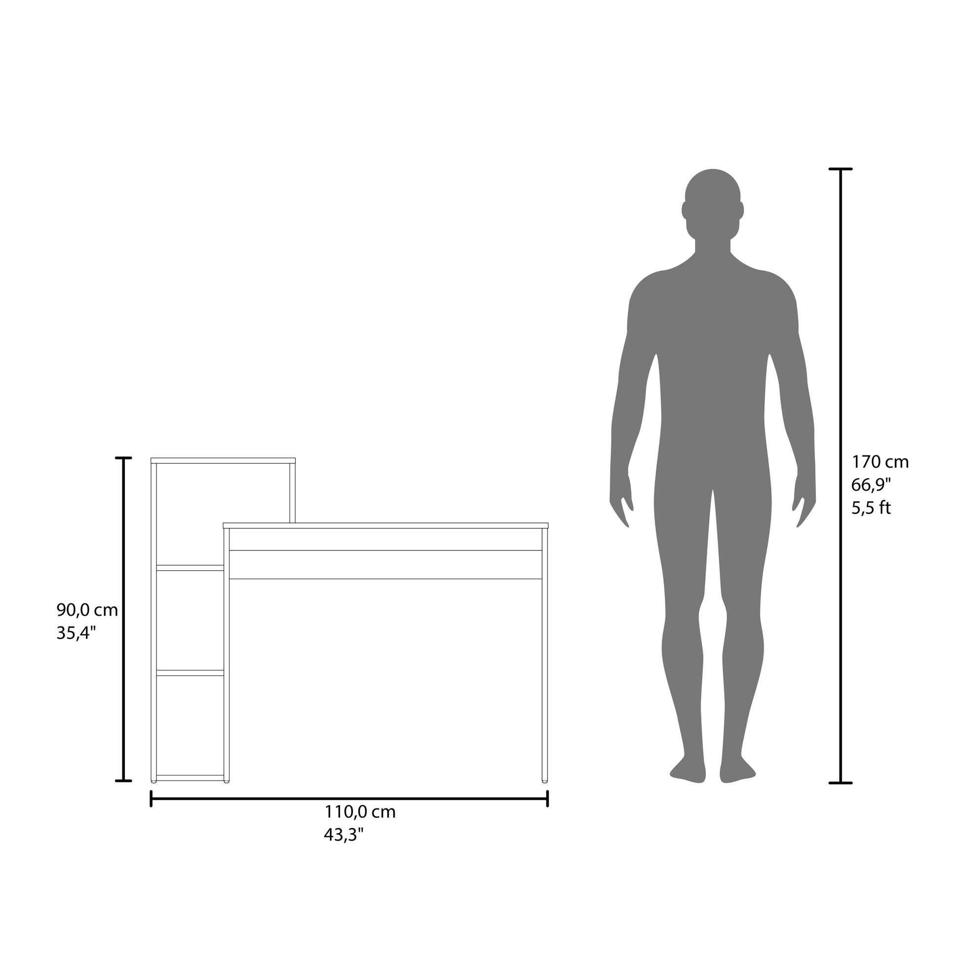 Line drawing of a compact desk with shelving unit for home office use