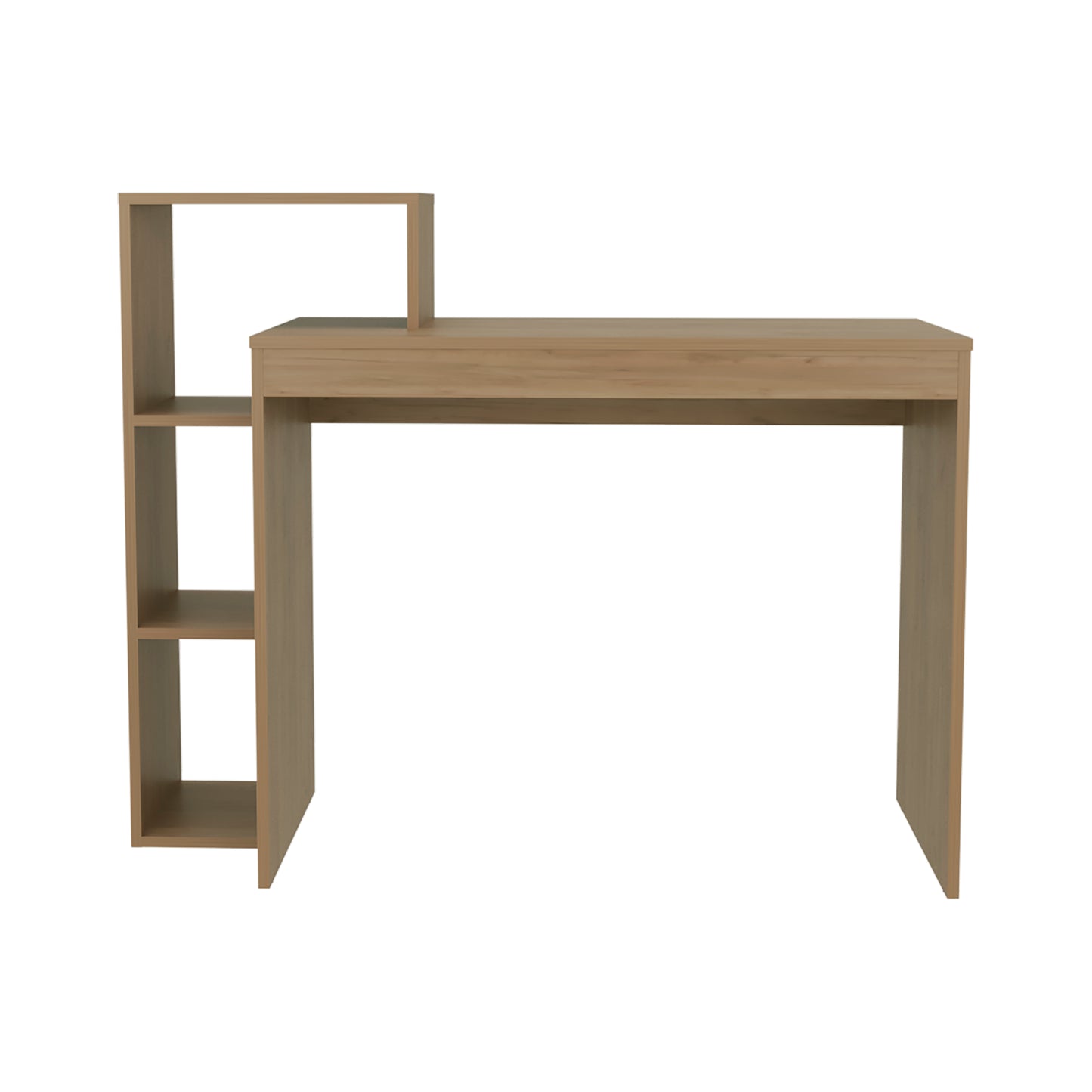 Light wood desk with Lshaped shelving unit on the left side modern design