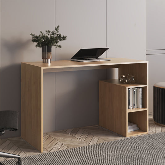 Light wood modern desk with open shelving and a laptop