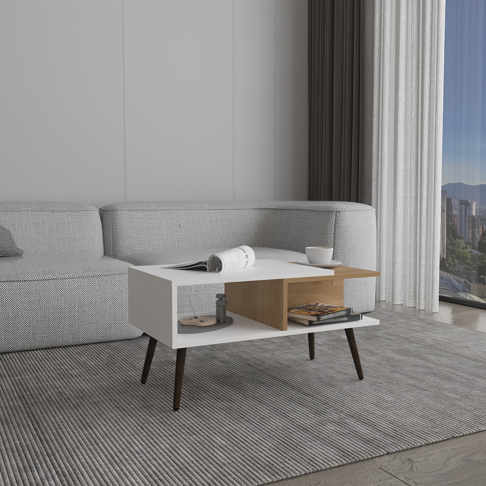 Modern white coffee table with wood accent featuring minimalist design and tapered legs
