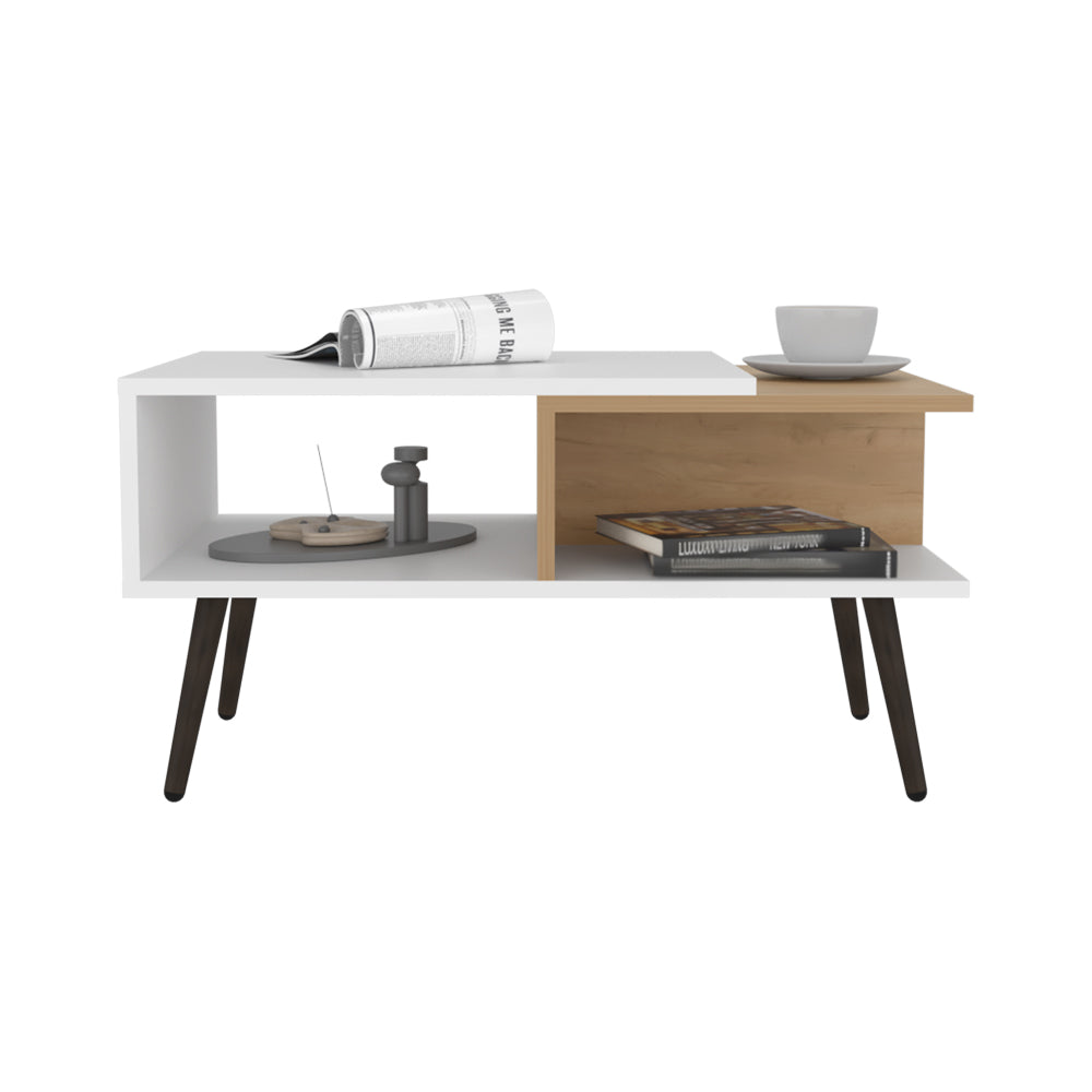 Modern white and wood coffee table with angled legs perfect for living rooms