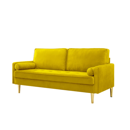 Luxurious mustard yellow velvet sofa with tufted seat and gold tapered legs