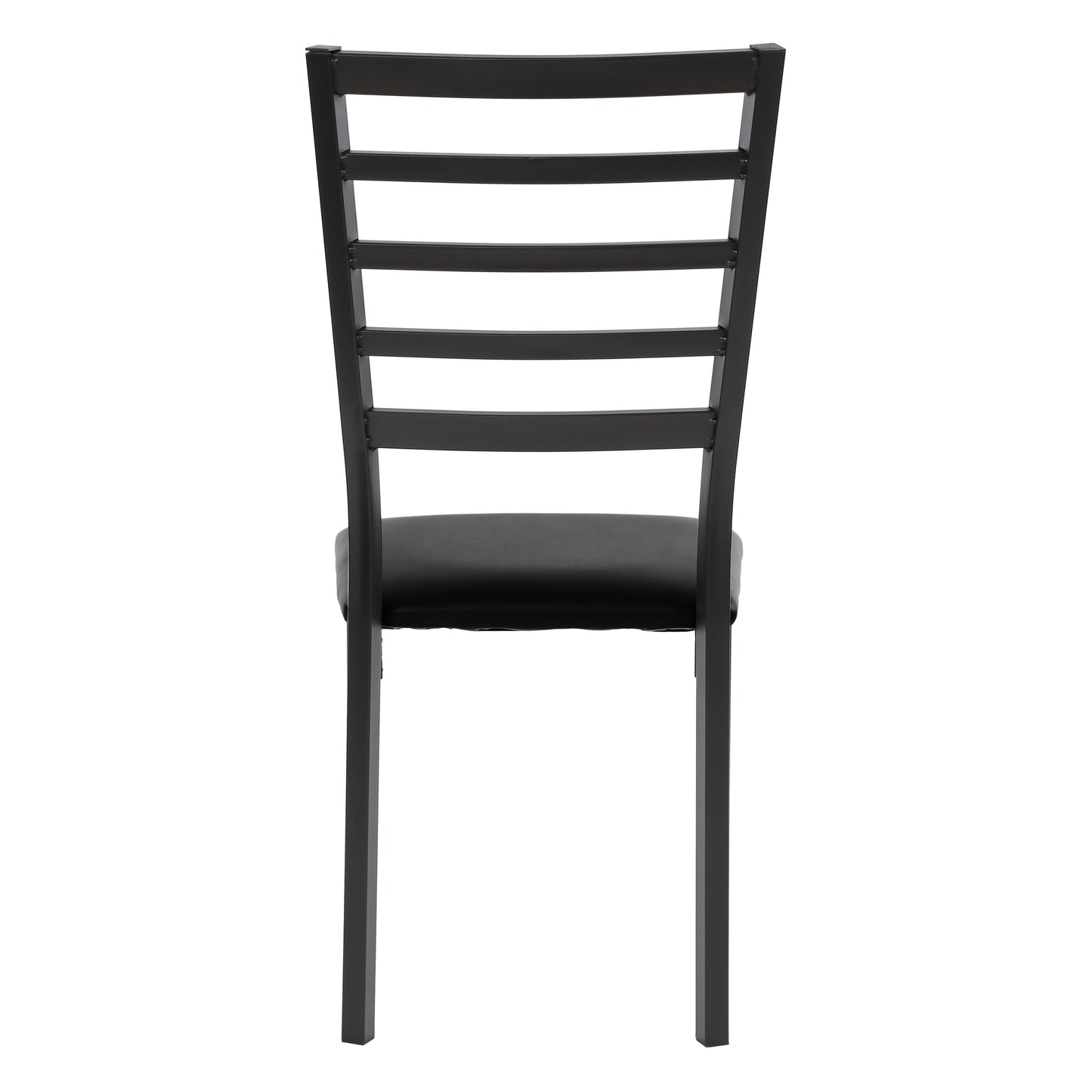 Black metal dining chair with slatted back and black upholstered seat