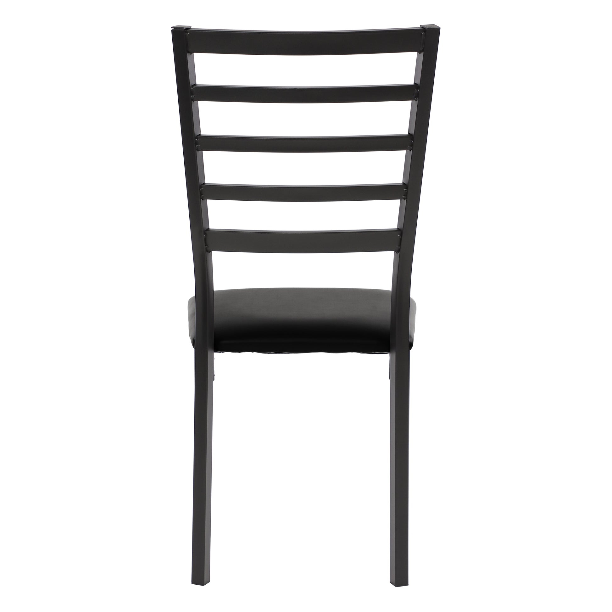 Black metal dining chair with slatted back and black upholstered seat