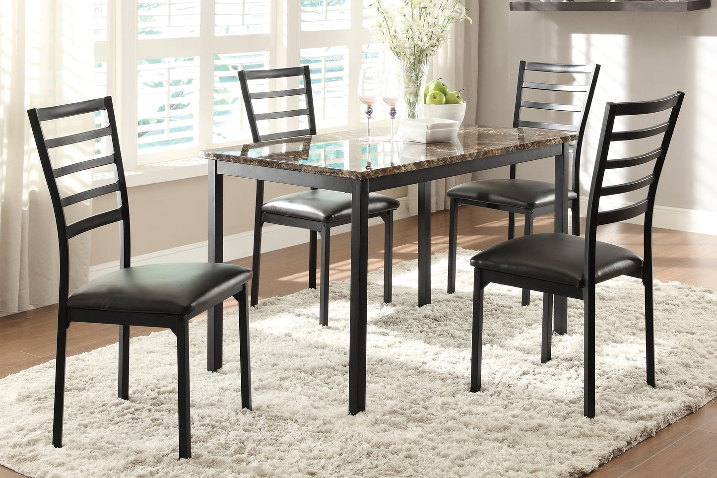 Black metal and leather dining chairs with horizontal slats