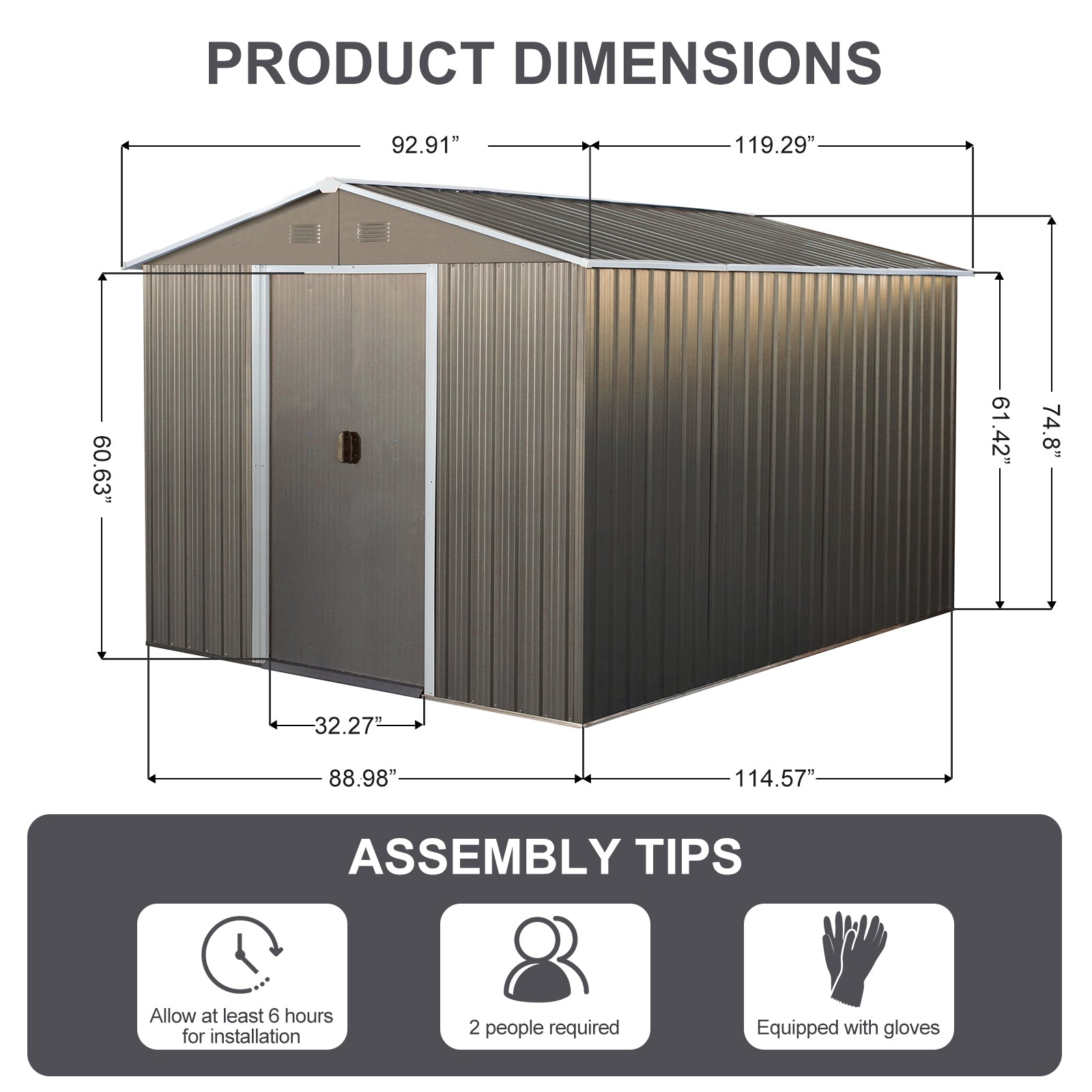 Galvanized steel storage shed with double doors ft wide and ft deep