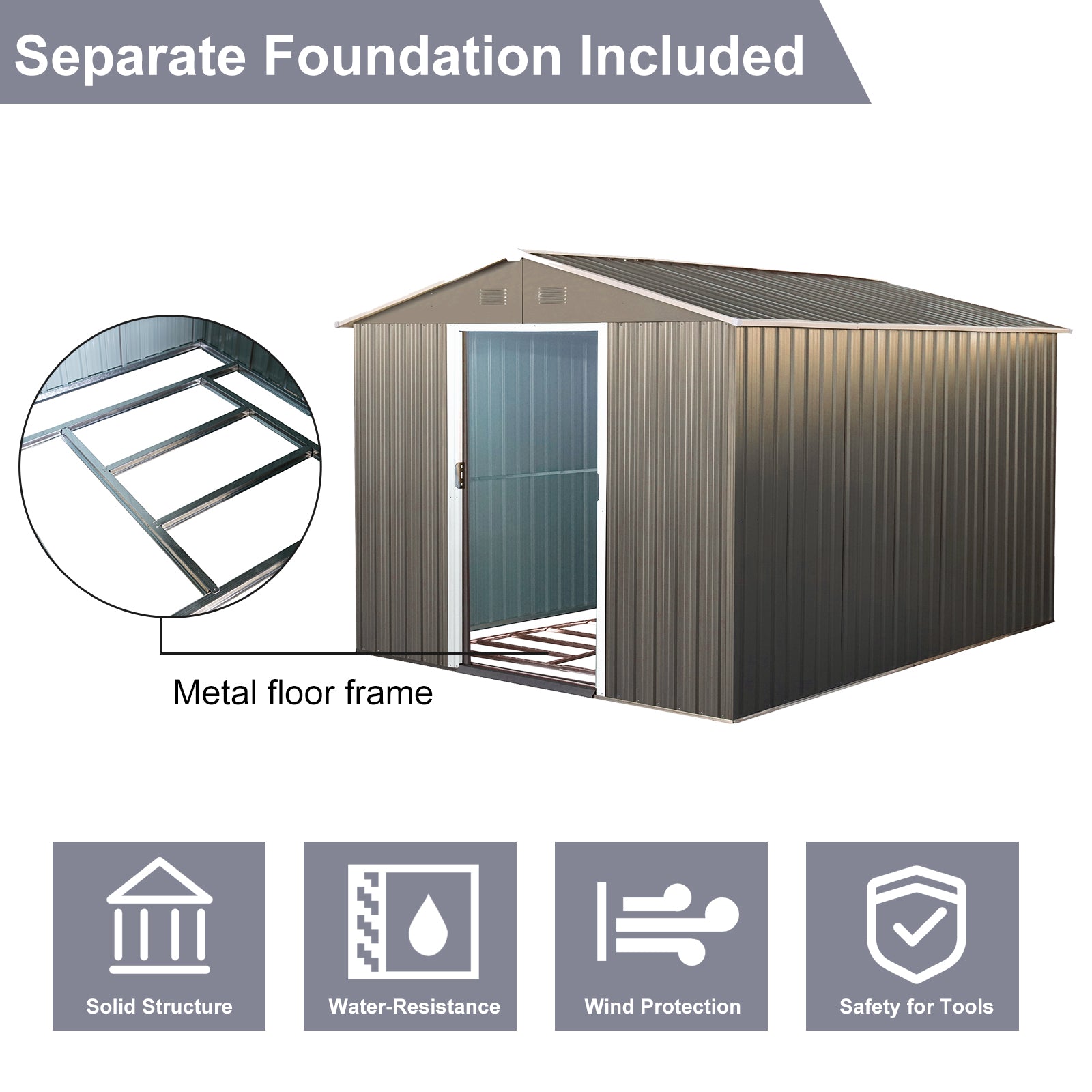 Grey metal storage shed with a visible metal floor frame