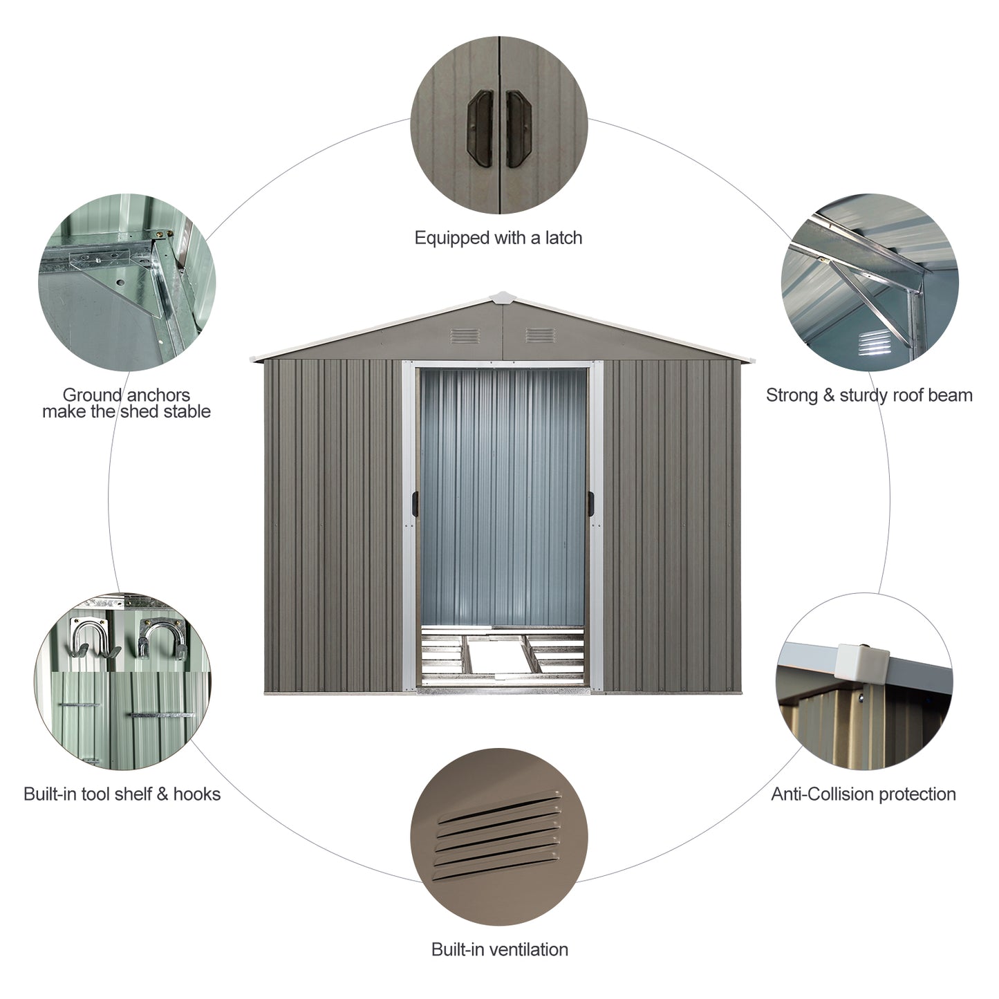 Grey metal storage shed with double doors and ventilation