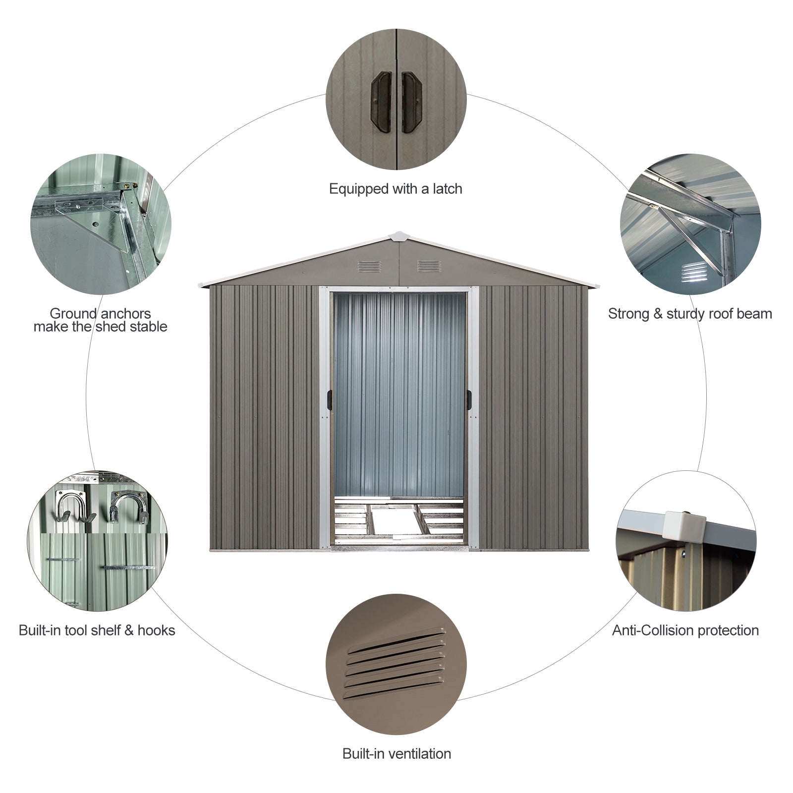 Grey metal storage shed with double doors and ventilation