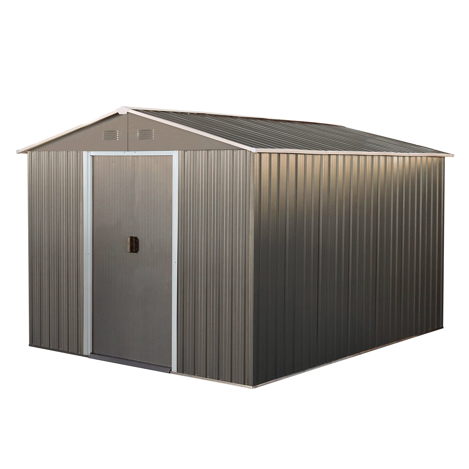 Corrugated metal garden shed charcoal grey with double doors and vent details