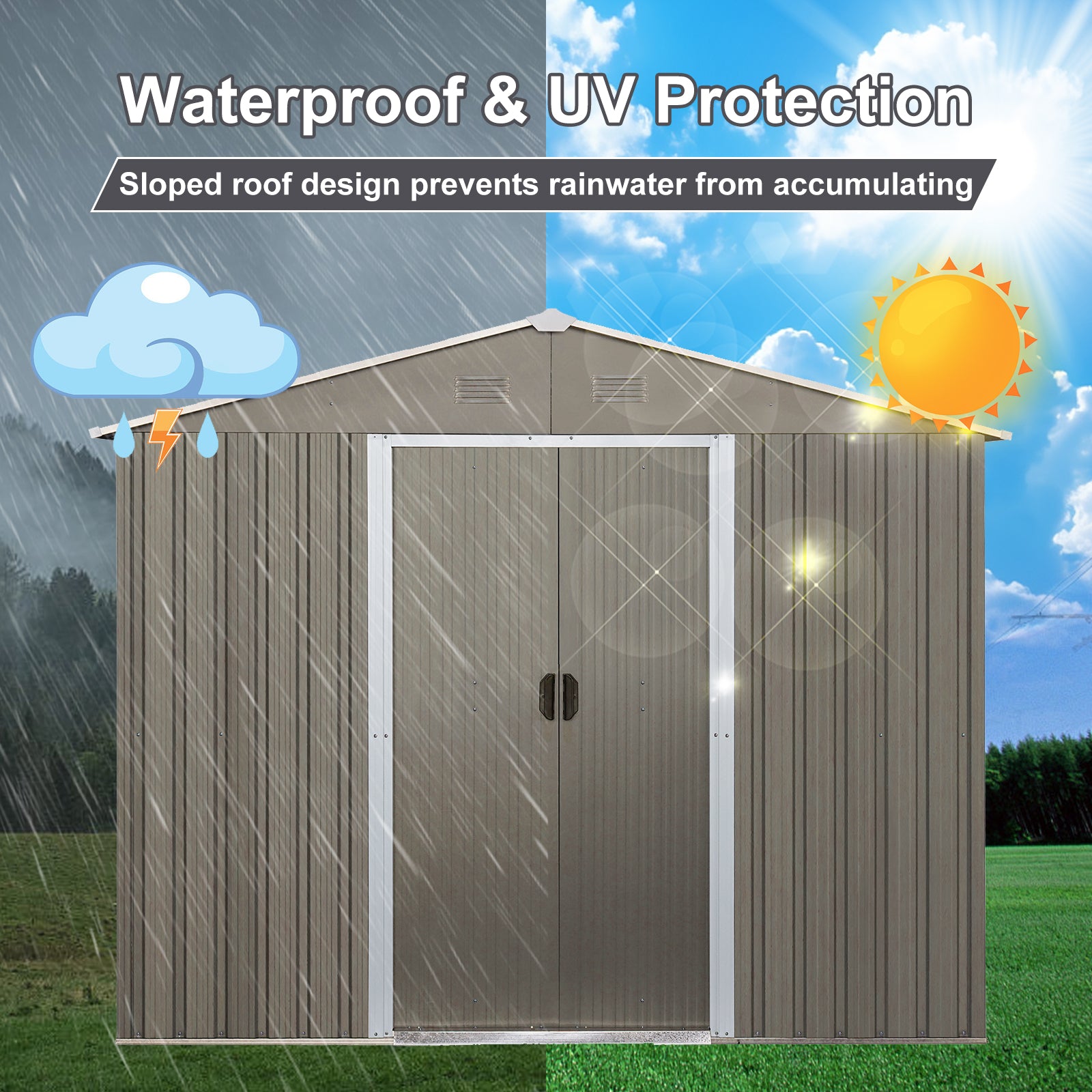Brown metal garden shed with double doors rain and sun graphic