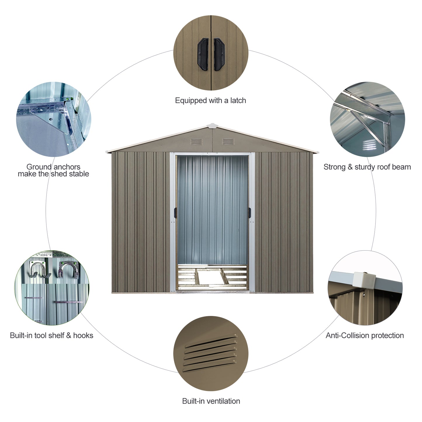 Brown metal garden shed equipped with double doors and a latch