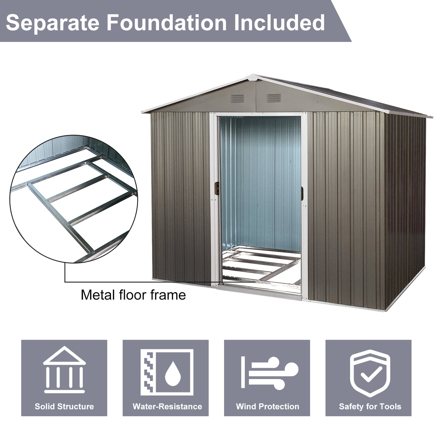 Brown metal storage shed with sliding door and included metal floor frame