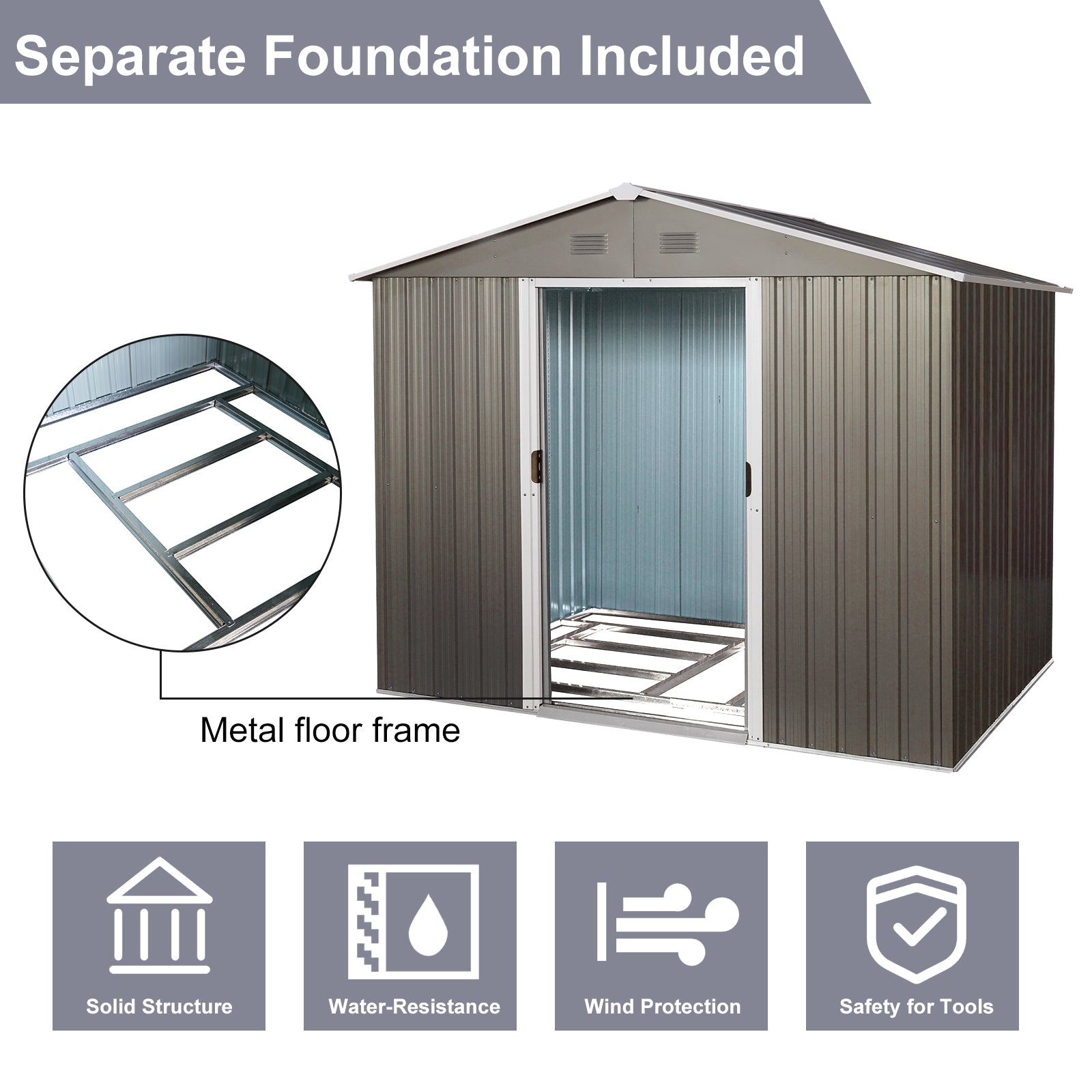 Brown metal storage shed with sliding door and included metal floor frame