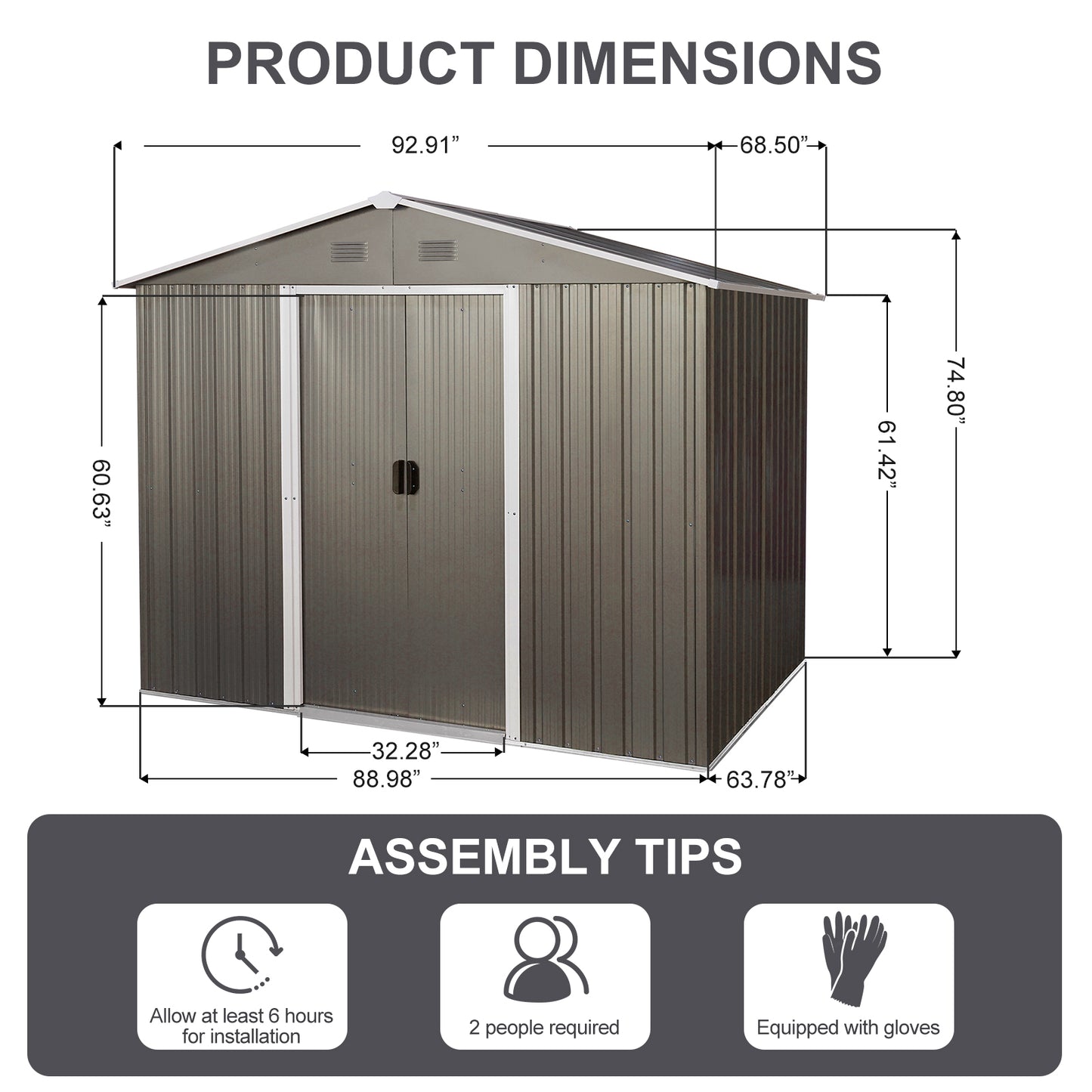 Gray metal storage shed with double doors and side dimensions displayed
