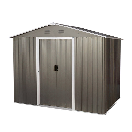 Gray metal garden shed with double doors and sloped roof