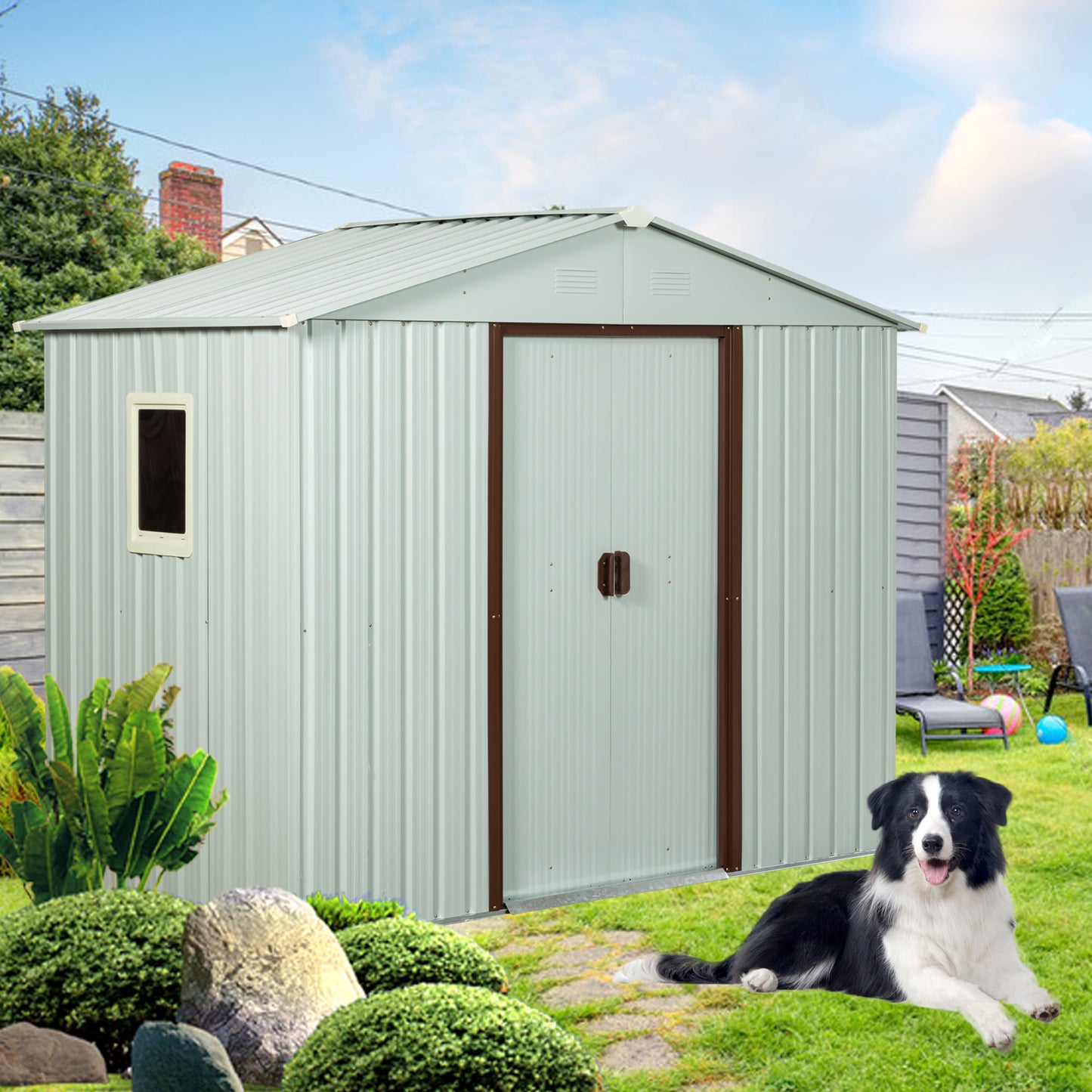 Light gray metal garden shed with double doors and a small window perfect for storage