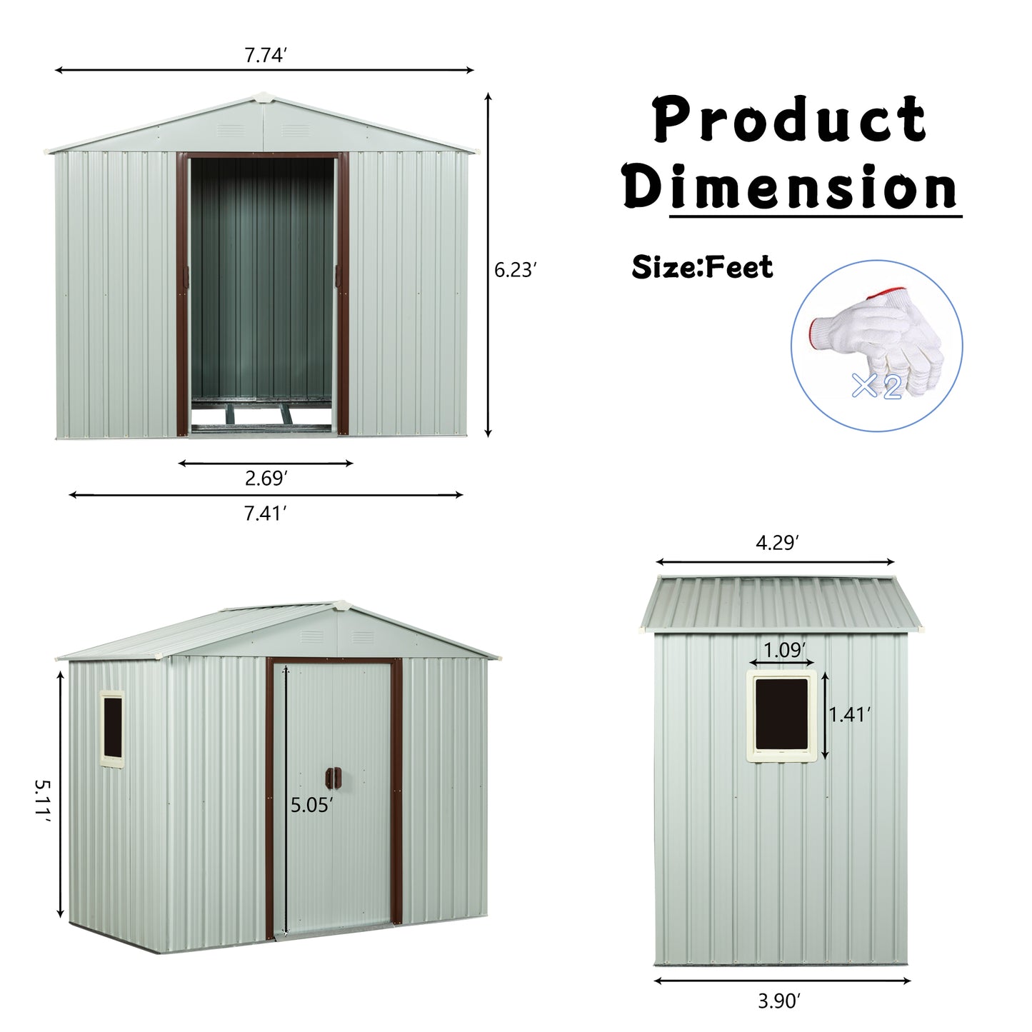 Light gray metal shed with brown trim double doors and one window
