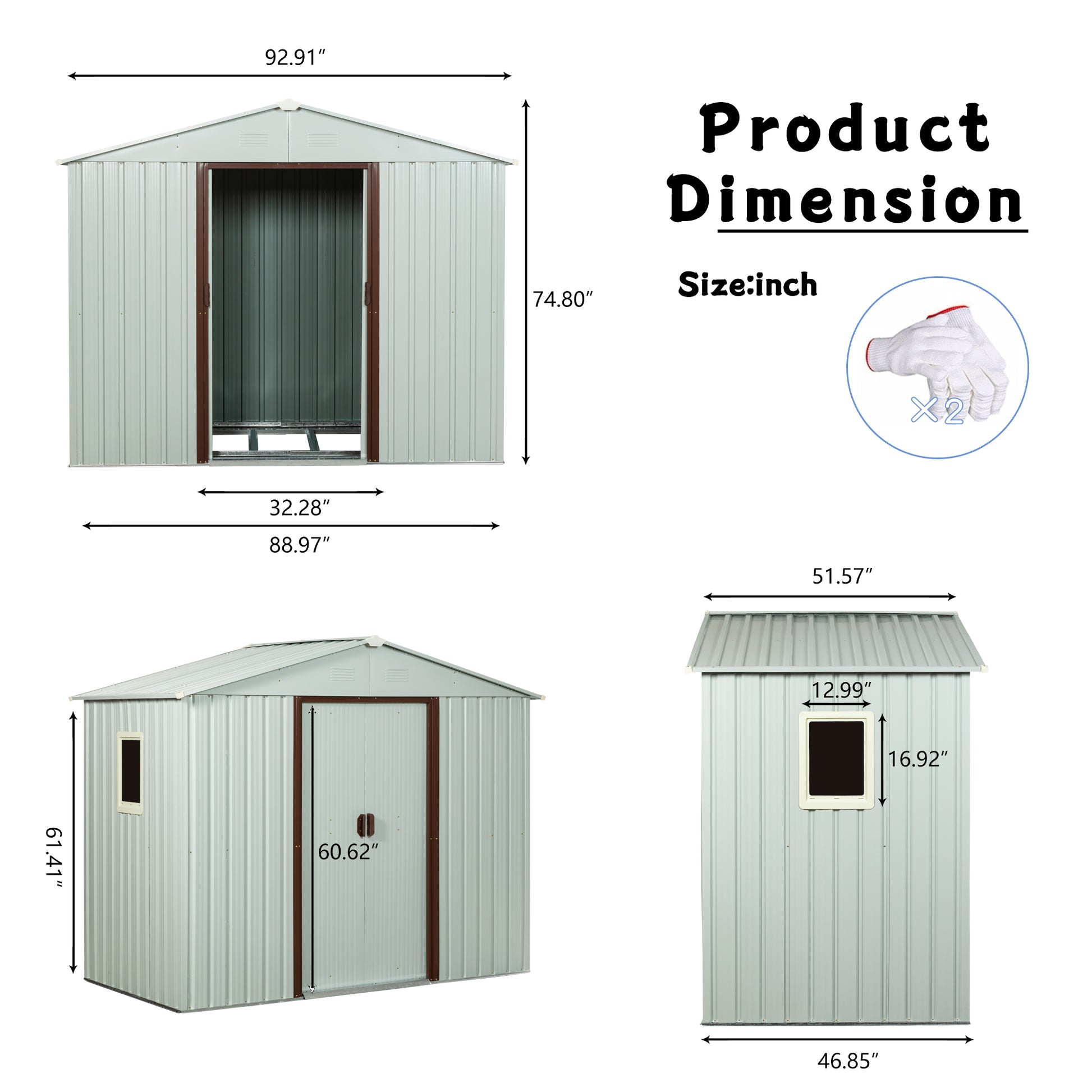 Silver metal garden shed with double doors and window showing overall dimensions x