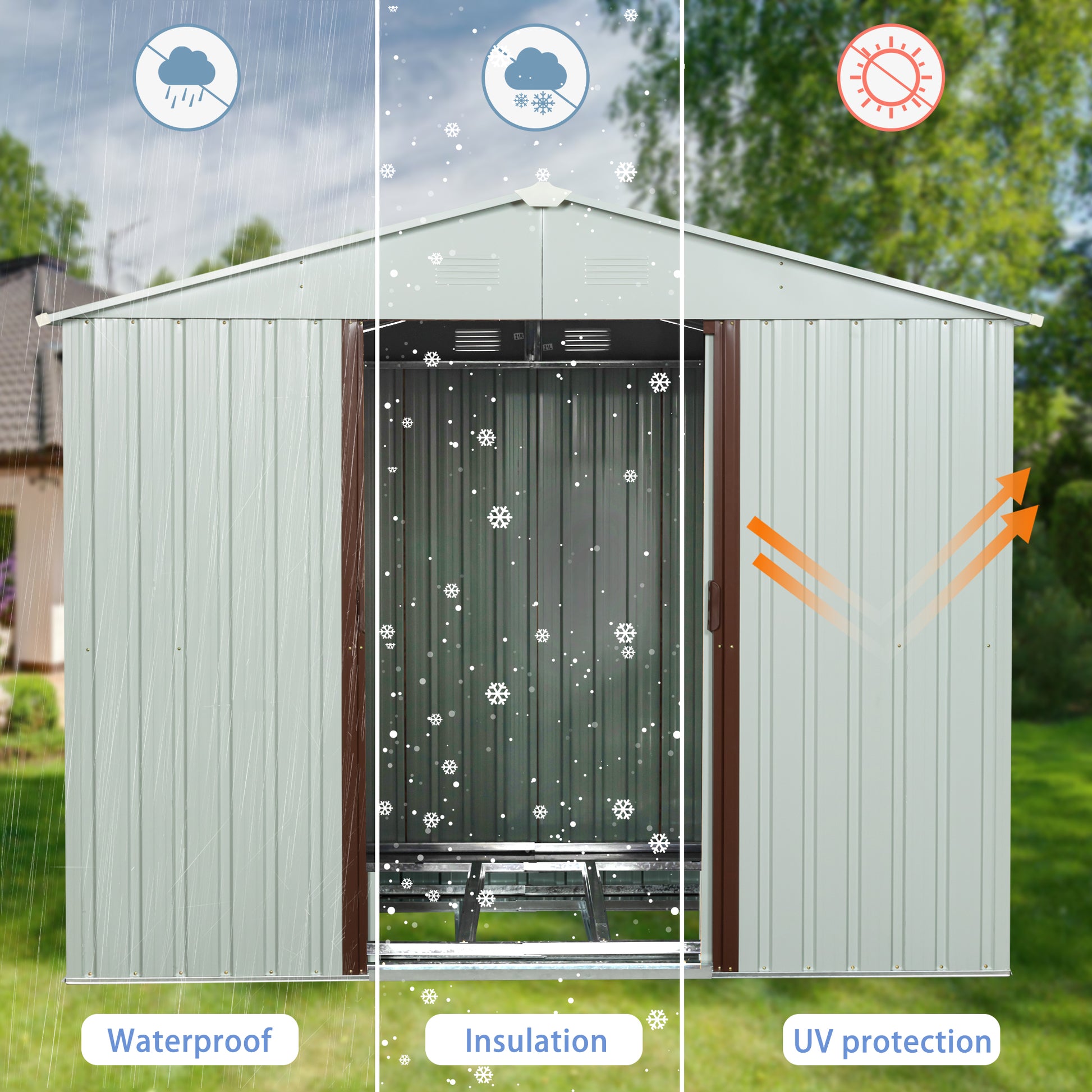 Gray metal garden shed with triplepanel display of waterproof insulated and UV protection features