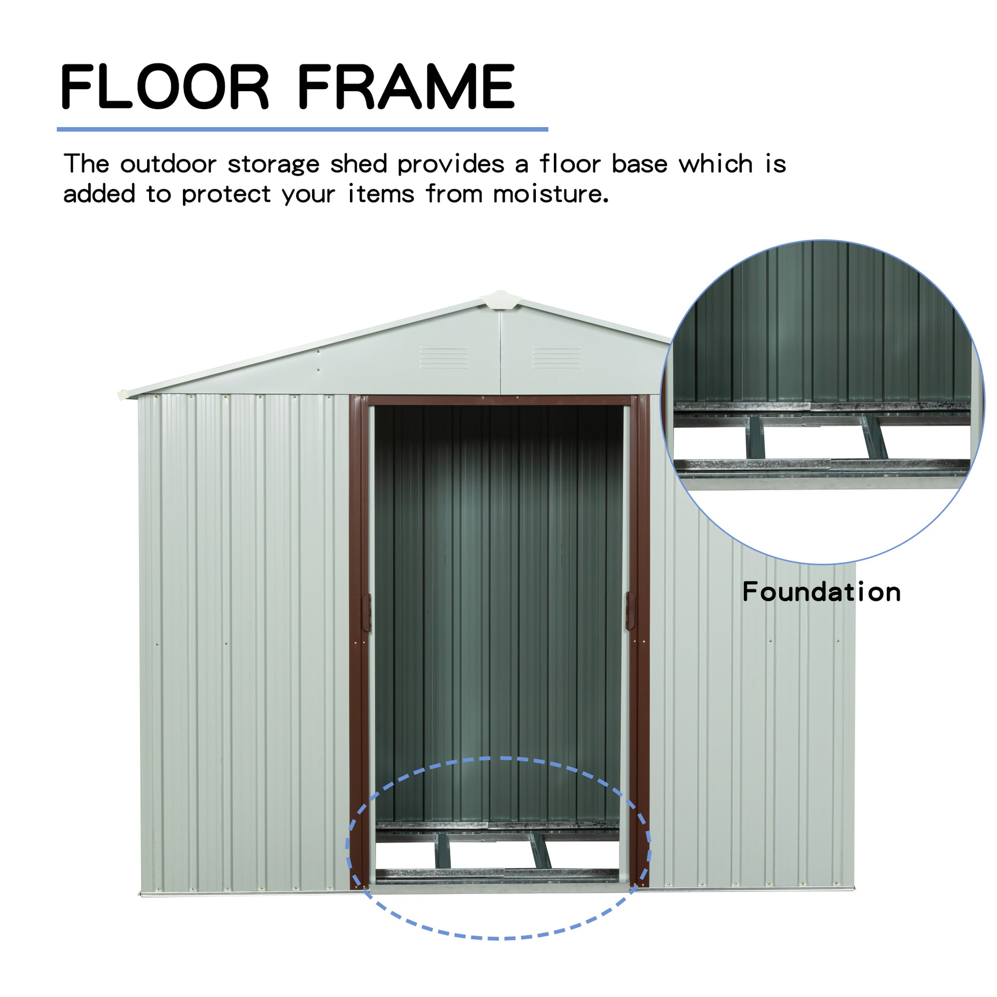 Light gray metal outdoor storage shed with brown sliding doors and integrated floor frame foundation