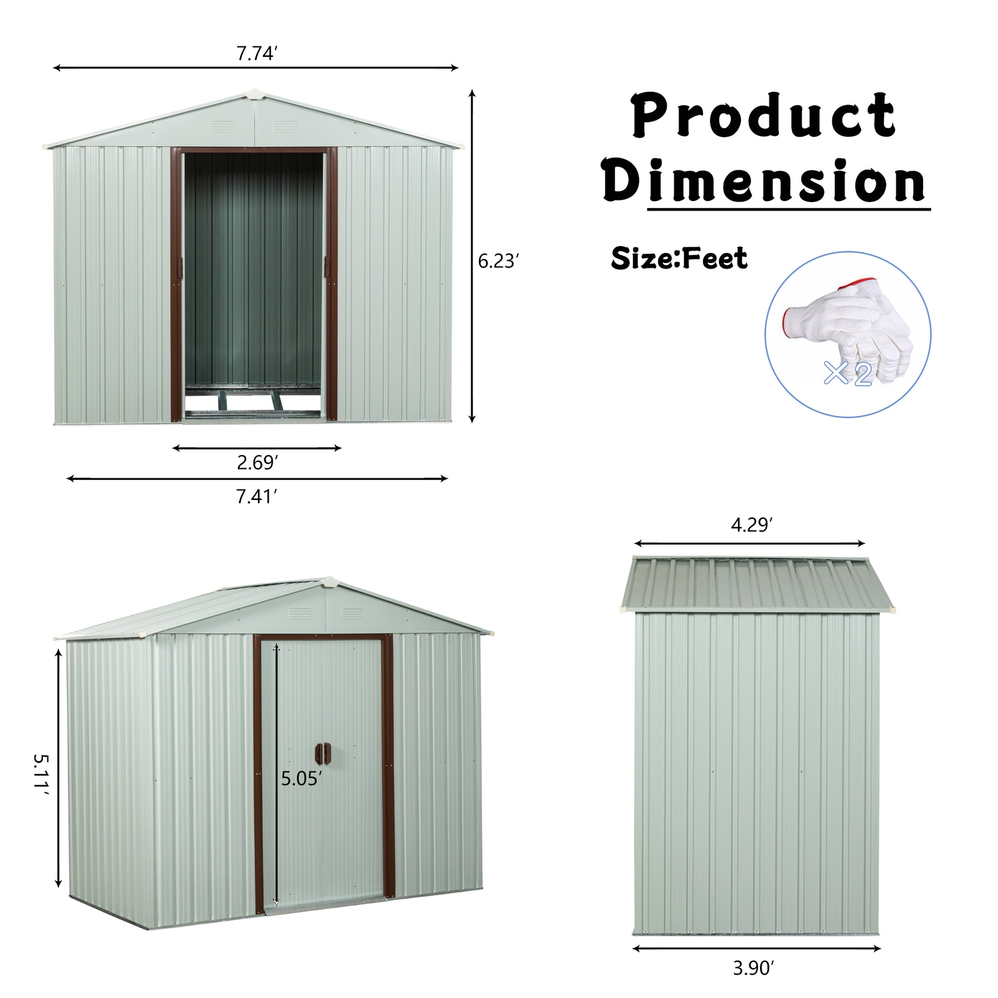Light grey metal storage shed with double doors and pitched roof  W x  H