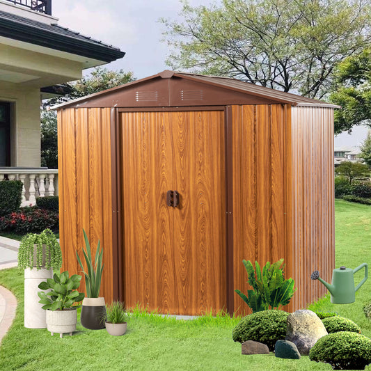 Wood grain metal storage shed with double doors and brown trim x ft