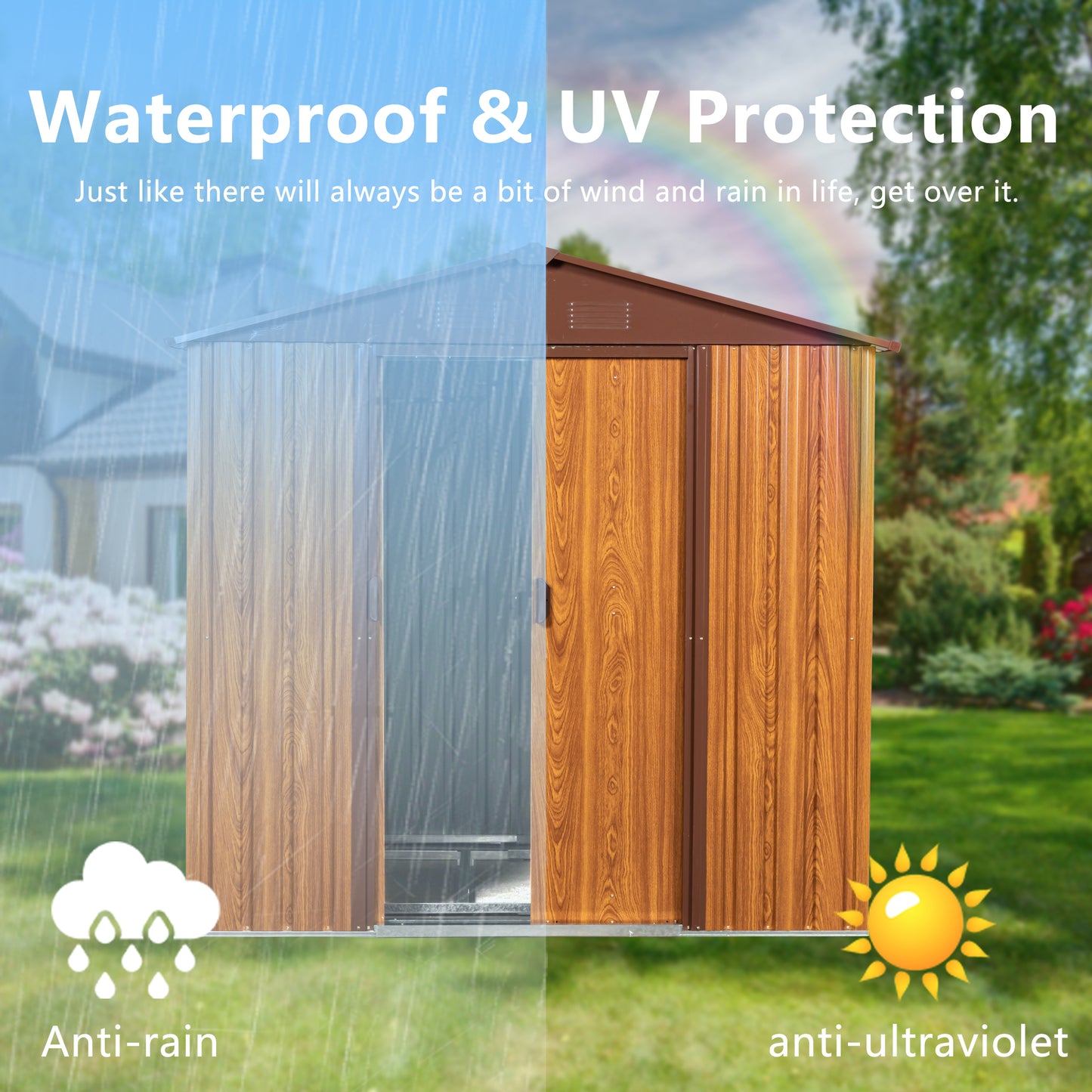 Woodenlook storage shed with brown trim showing waterproof protection from rain